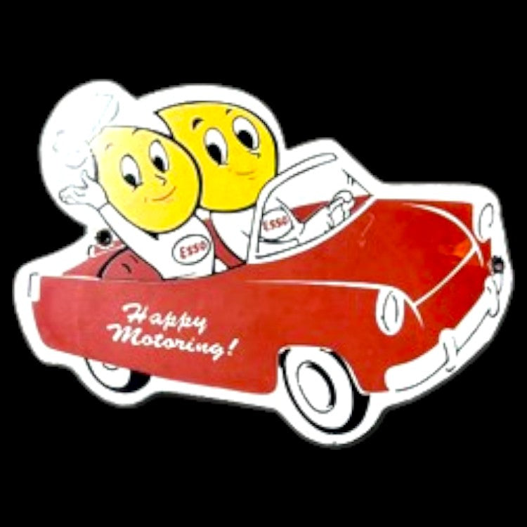 Esso Die Cut Happy Motoring Car Porcelain Enamel Vintage Metal Gas Station Advertising