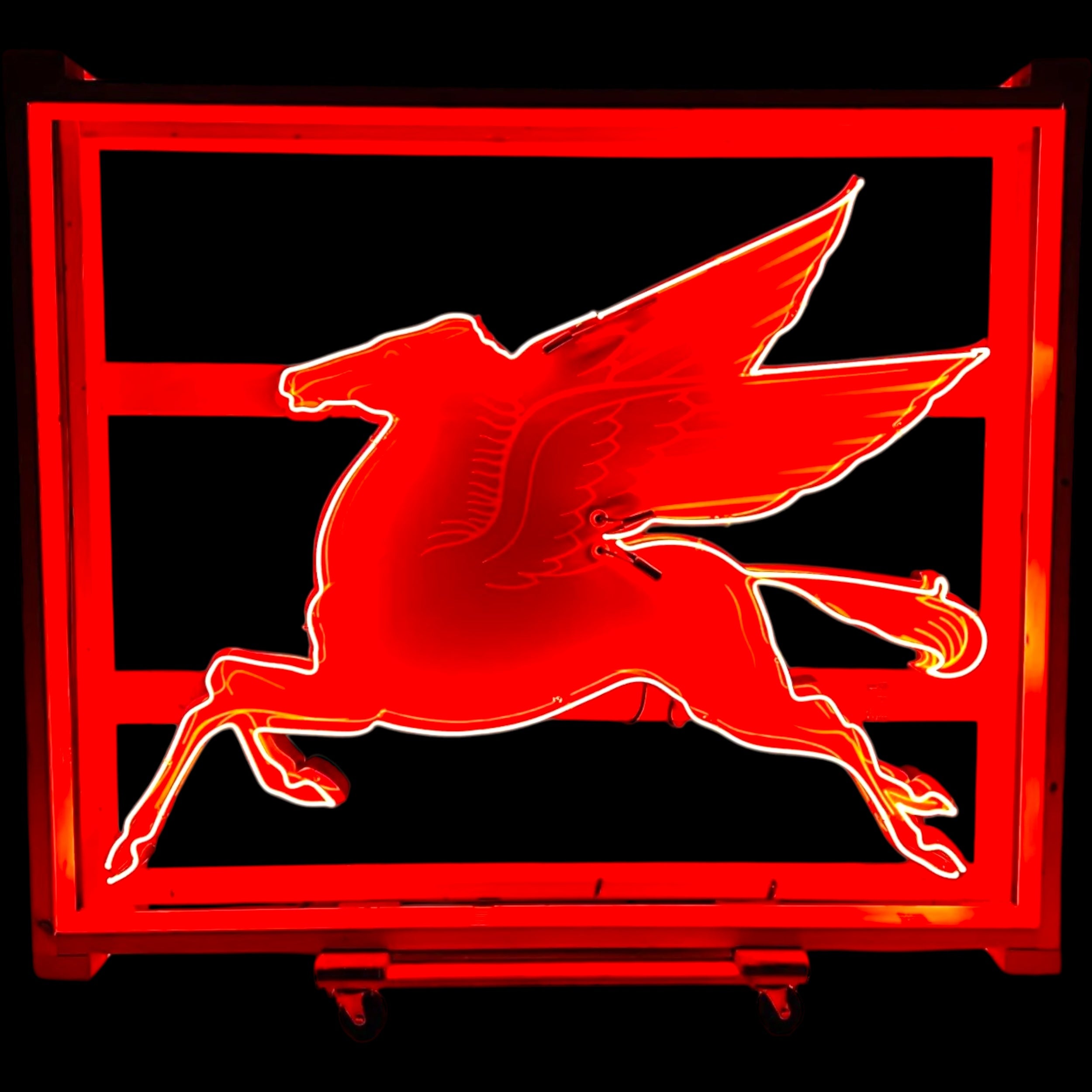 XL Pegasus Real Neon Sign - Vintage Mobil Gas Station Reproduction - Die Cut, Glass, Porcelain, Steel Can
