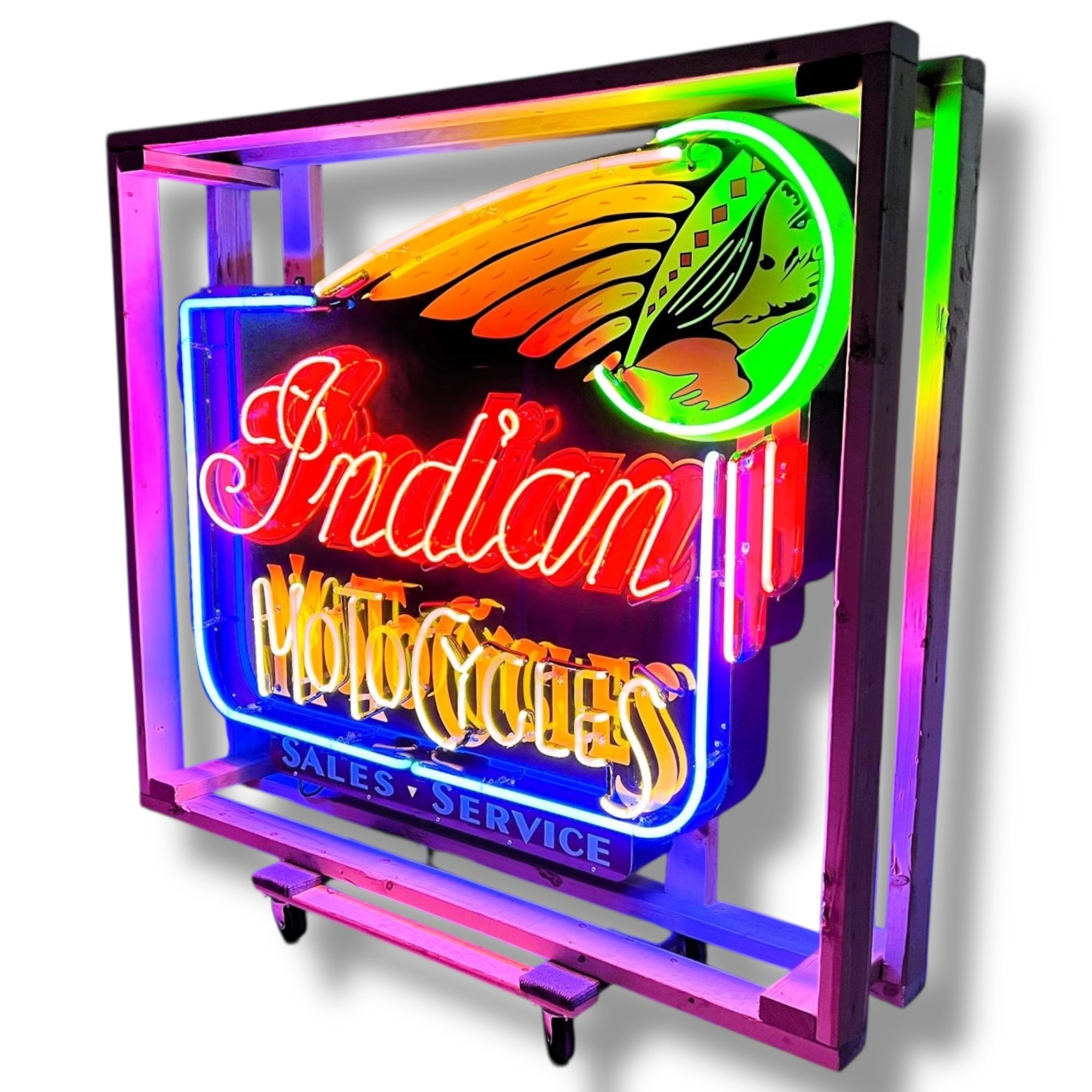 Indian Motocycles Sales & Service Neon Porcelain Dealership Sign with Can
