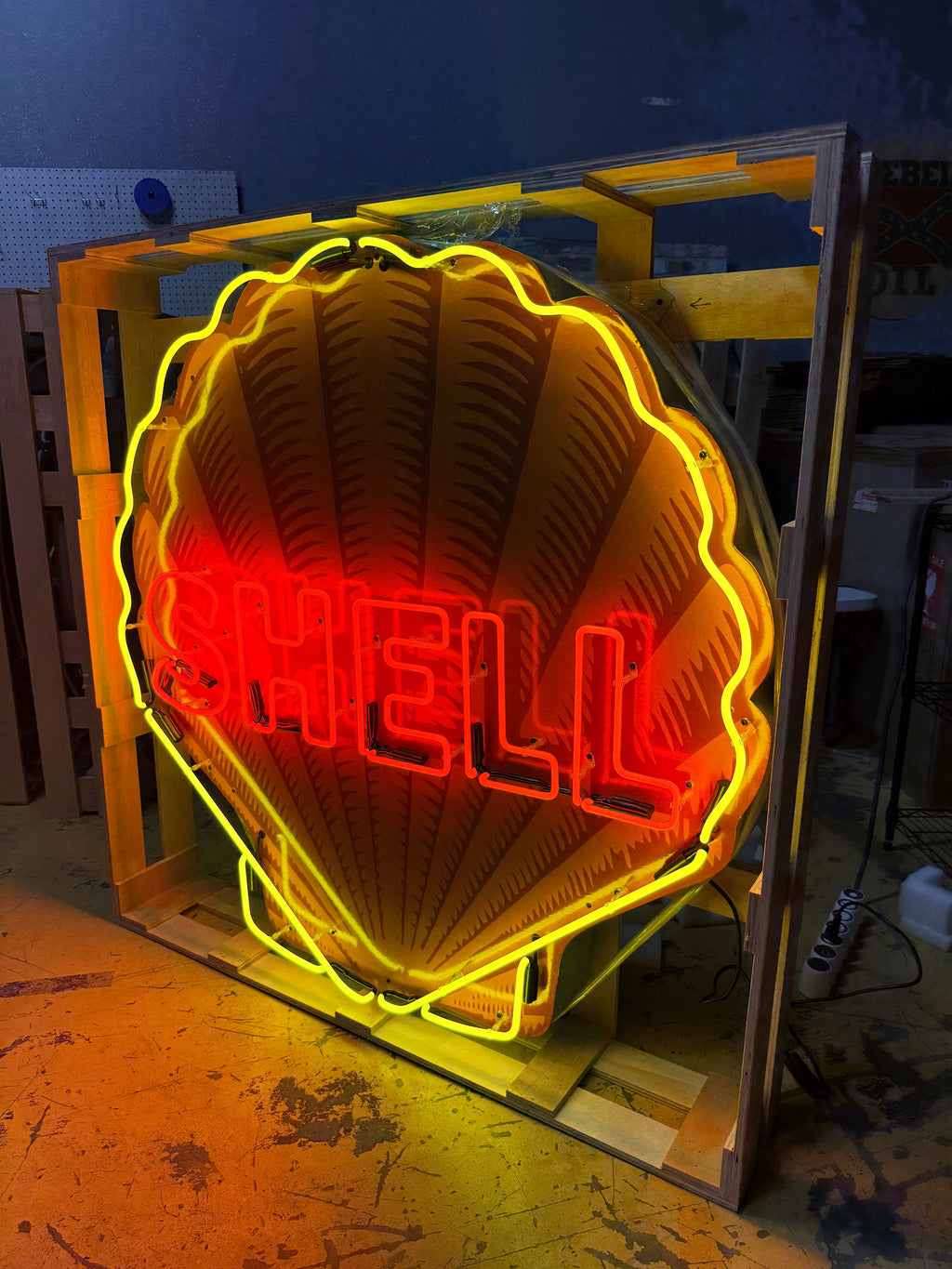 Shell Gasoline Scallop Neon Porcelain Die Cut Sign with Can