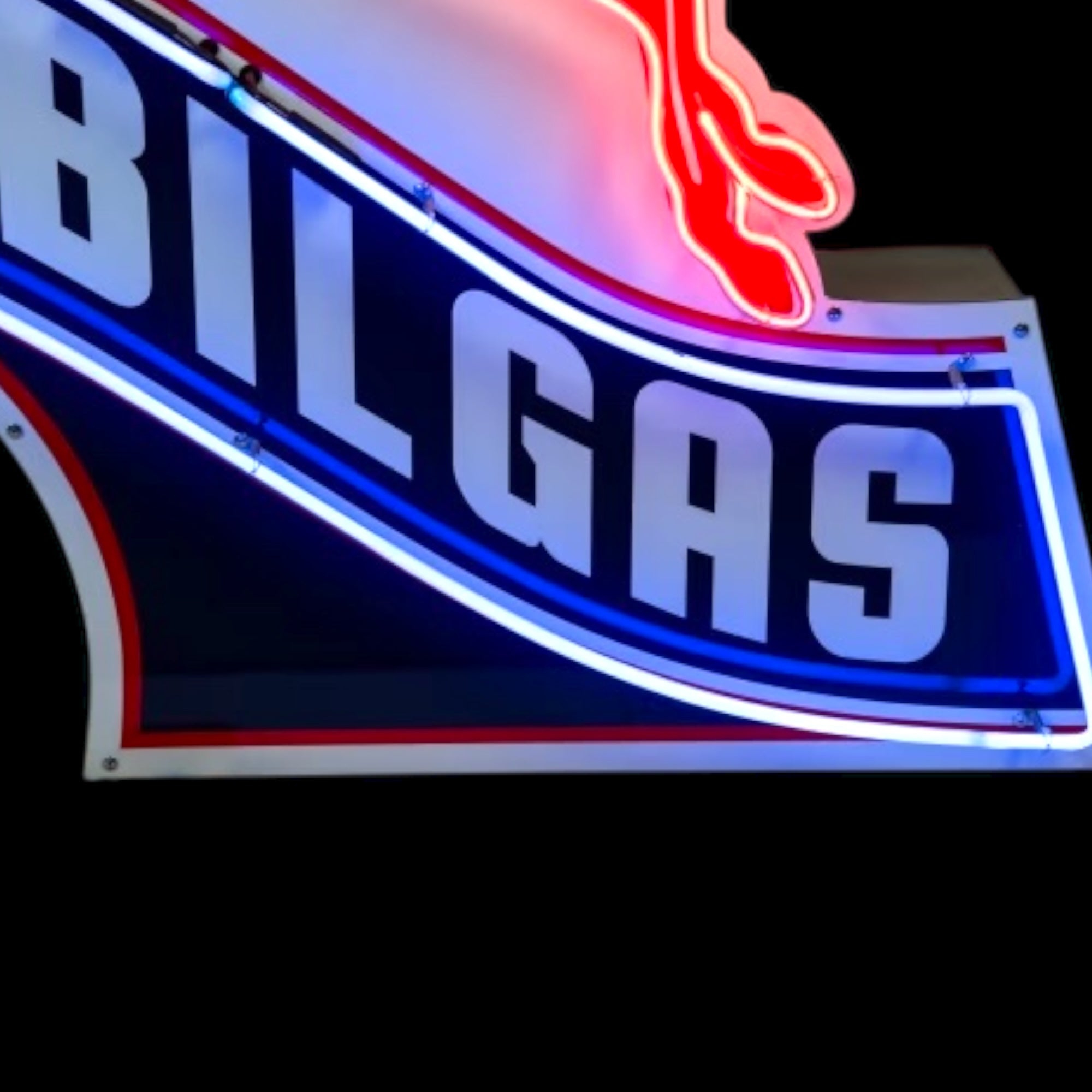 Large Mobilgas Pegasus Neon Sign - Real Glass, Porcelain, Left-Facing, Die Cut Steel Can - Vintage Light Up Gas Station Advertising