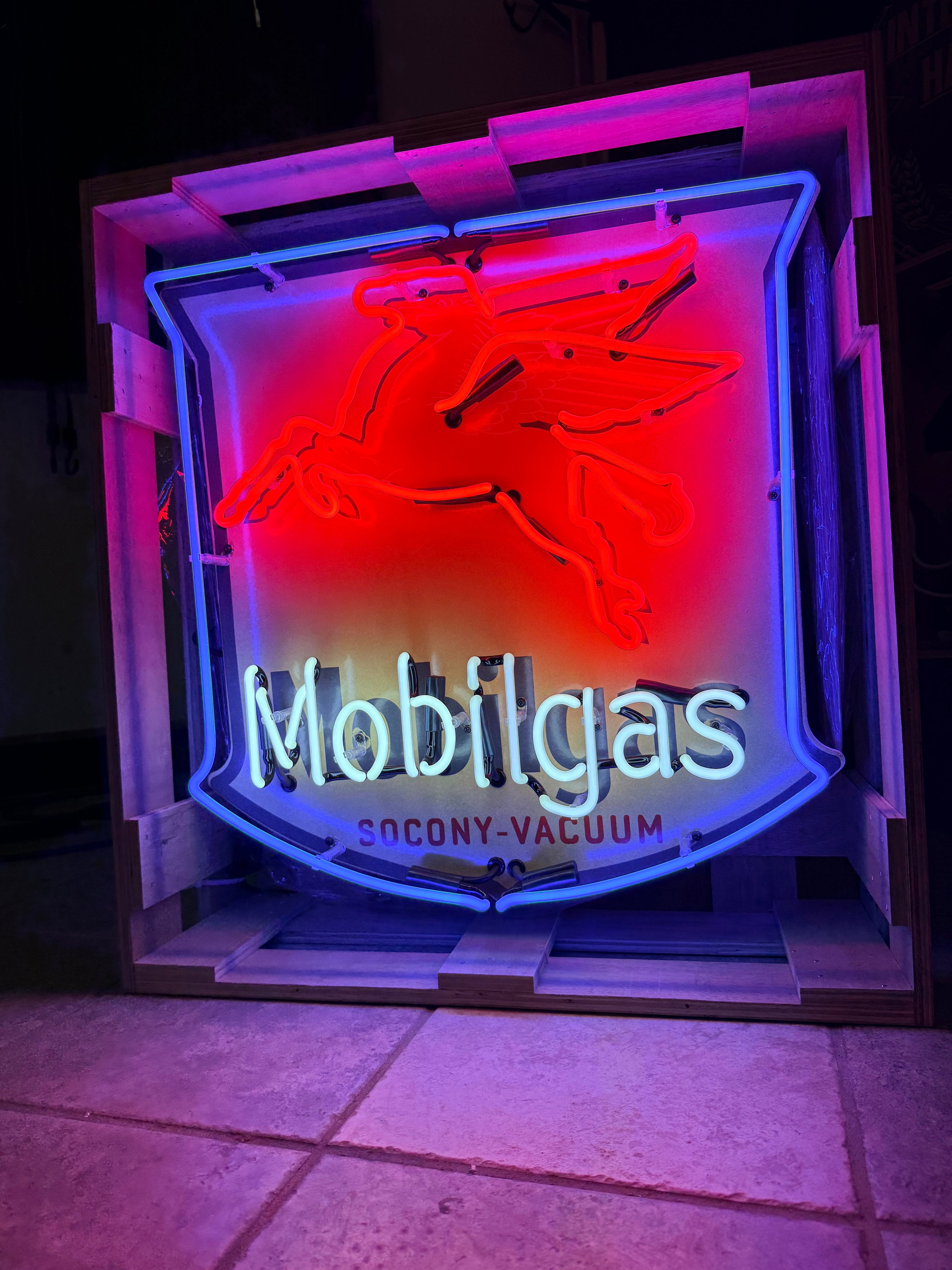 Mobilgas Pegasus Die Cut Shield Neon Porcelain Sign — Socony-Vacuum | Real Hand-Blown Glass & Porcelain