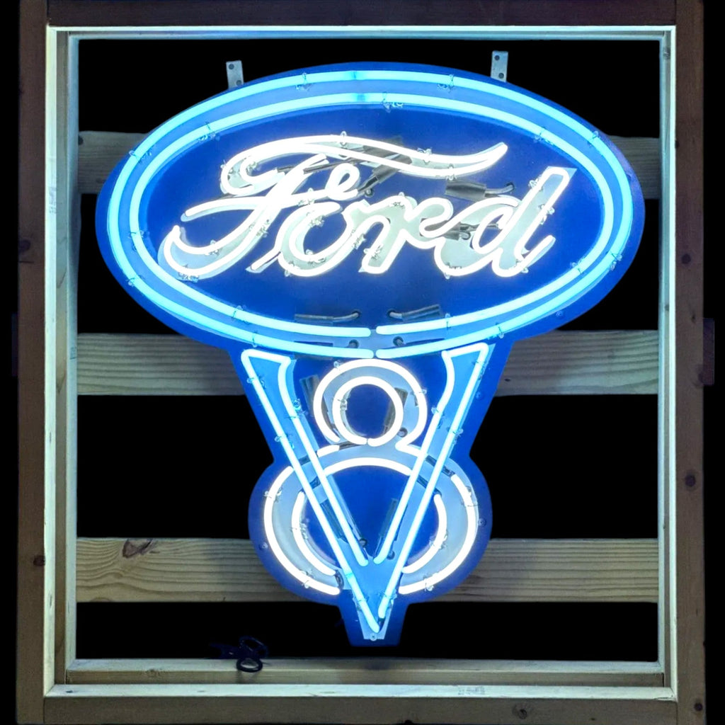 Ford V8 Die Cut Neon Sign - Real Glass, Porcelain, Metal Can - Emblem Logo