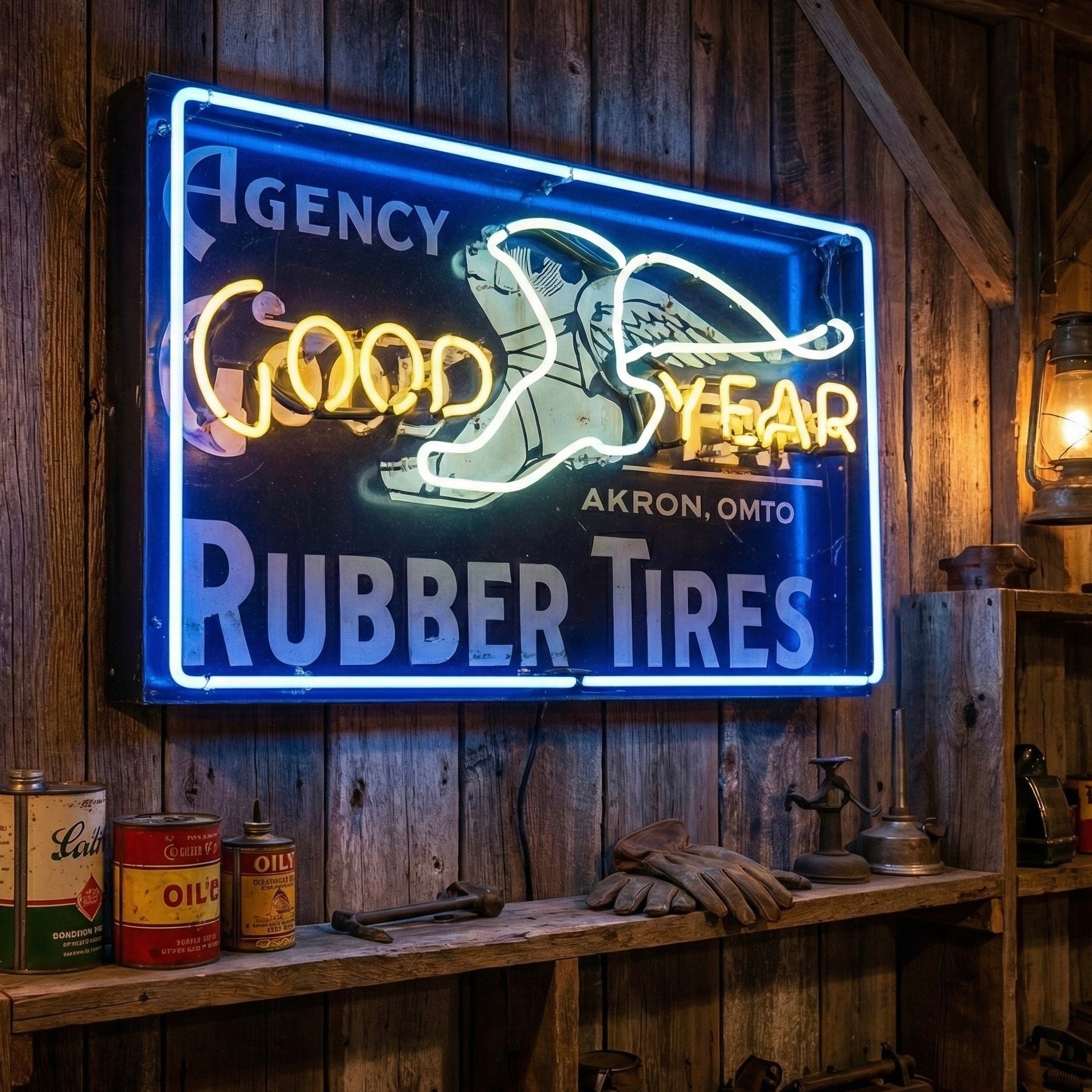 Goodyear Rubber Tires Wingfoot Neon Porcelain Lighted Panel Advertising Sign