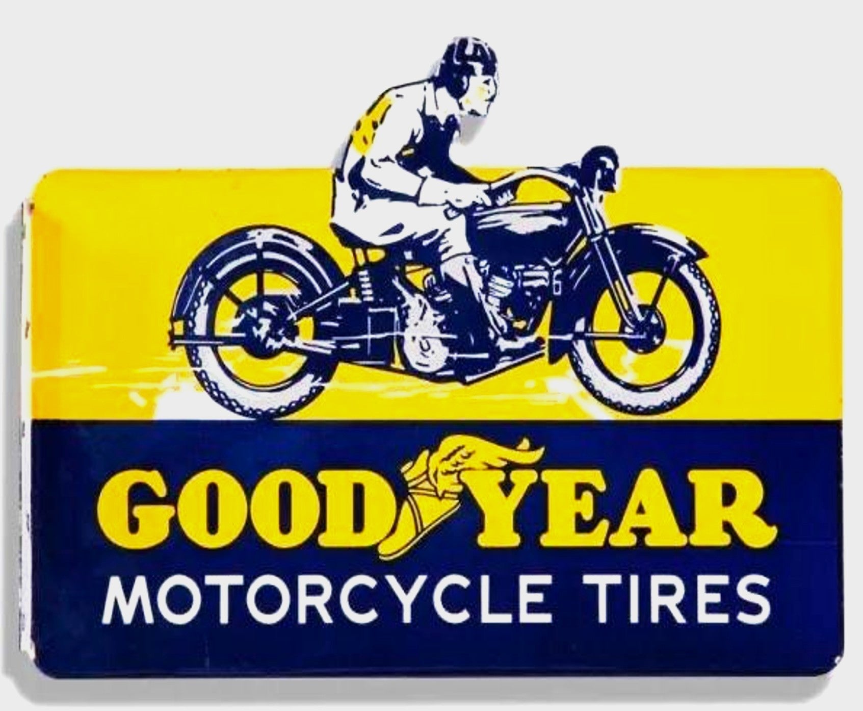 Good Year Motorcycle Tires Crested Figural Top Cut Porcelain Panel