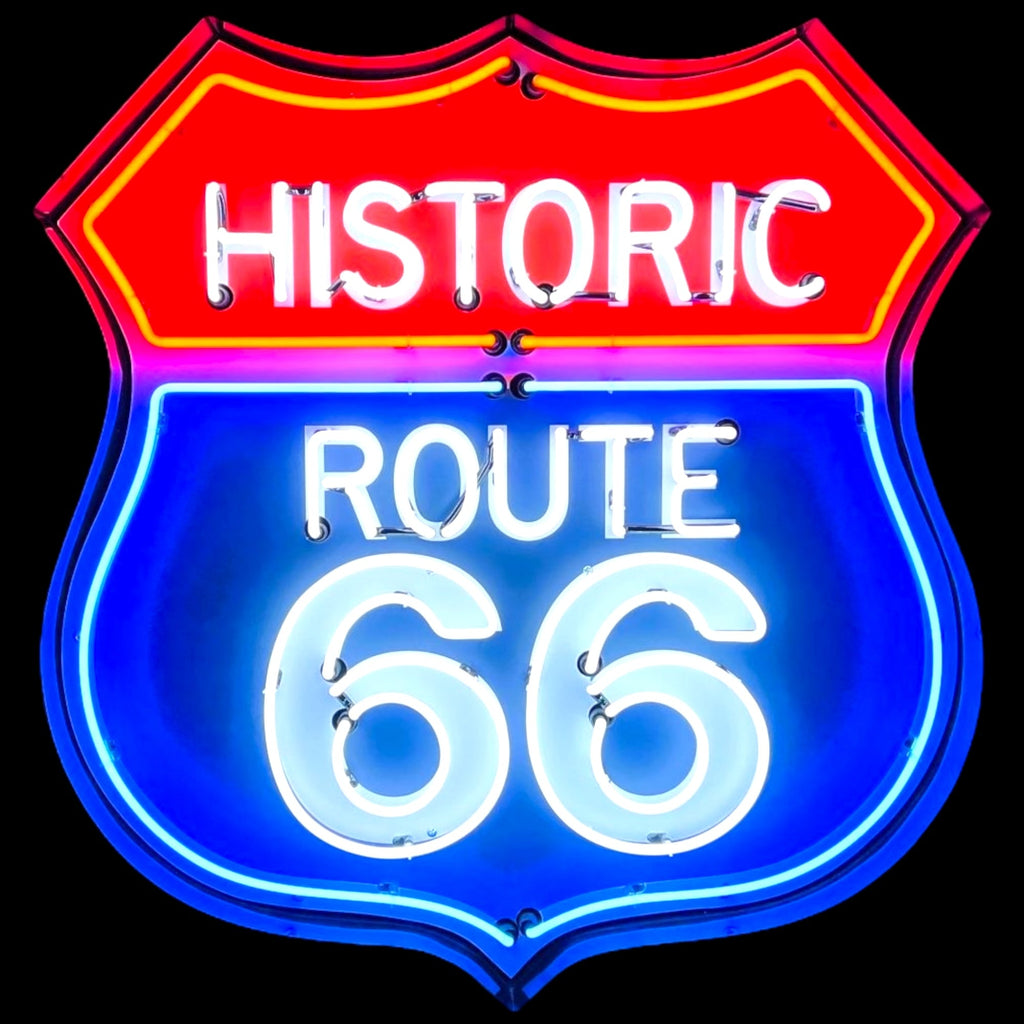 Historic Route 66 Neon Porcelain U.S. Highway Shield with Die Cut Steel Can