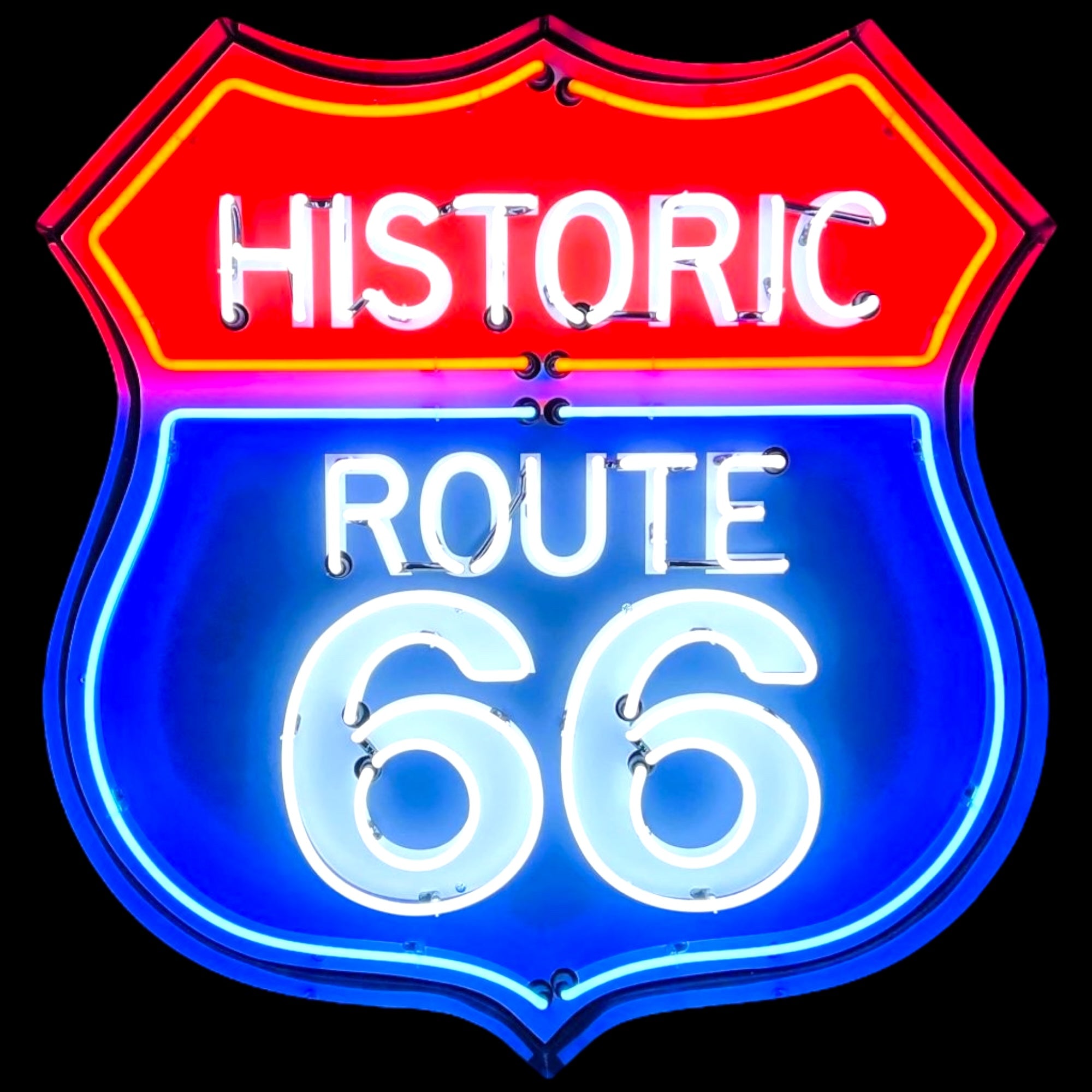 Historic Route 66 Neon Porcelain U.S. Highway Shield with Die Cut Steel Can