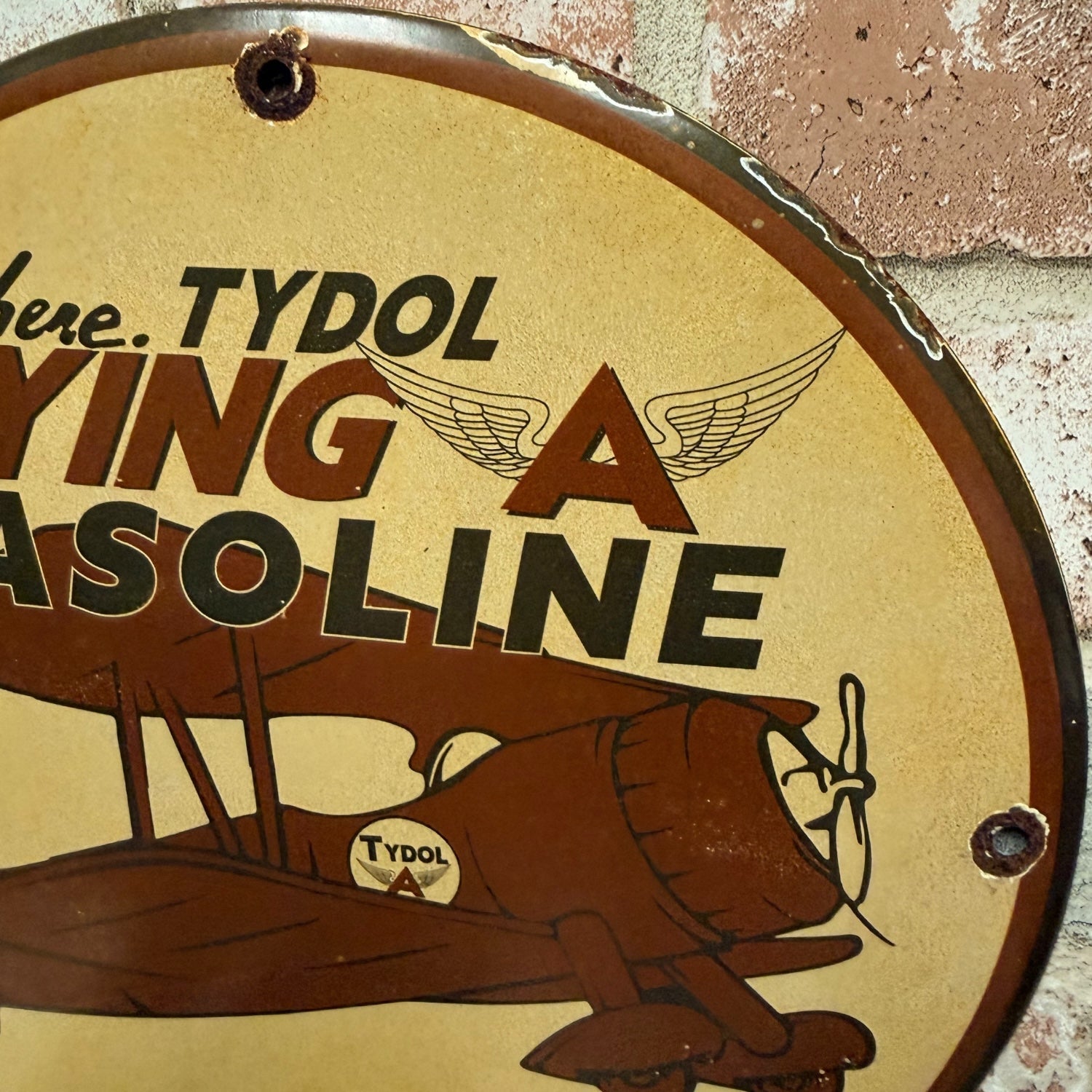 Tydol Flying A Gasoline 1936 Aviation Porcelain Enamel Sign (12in)