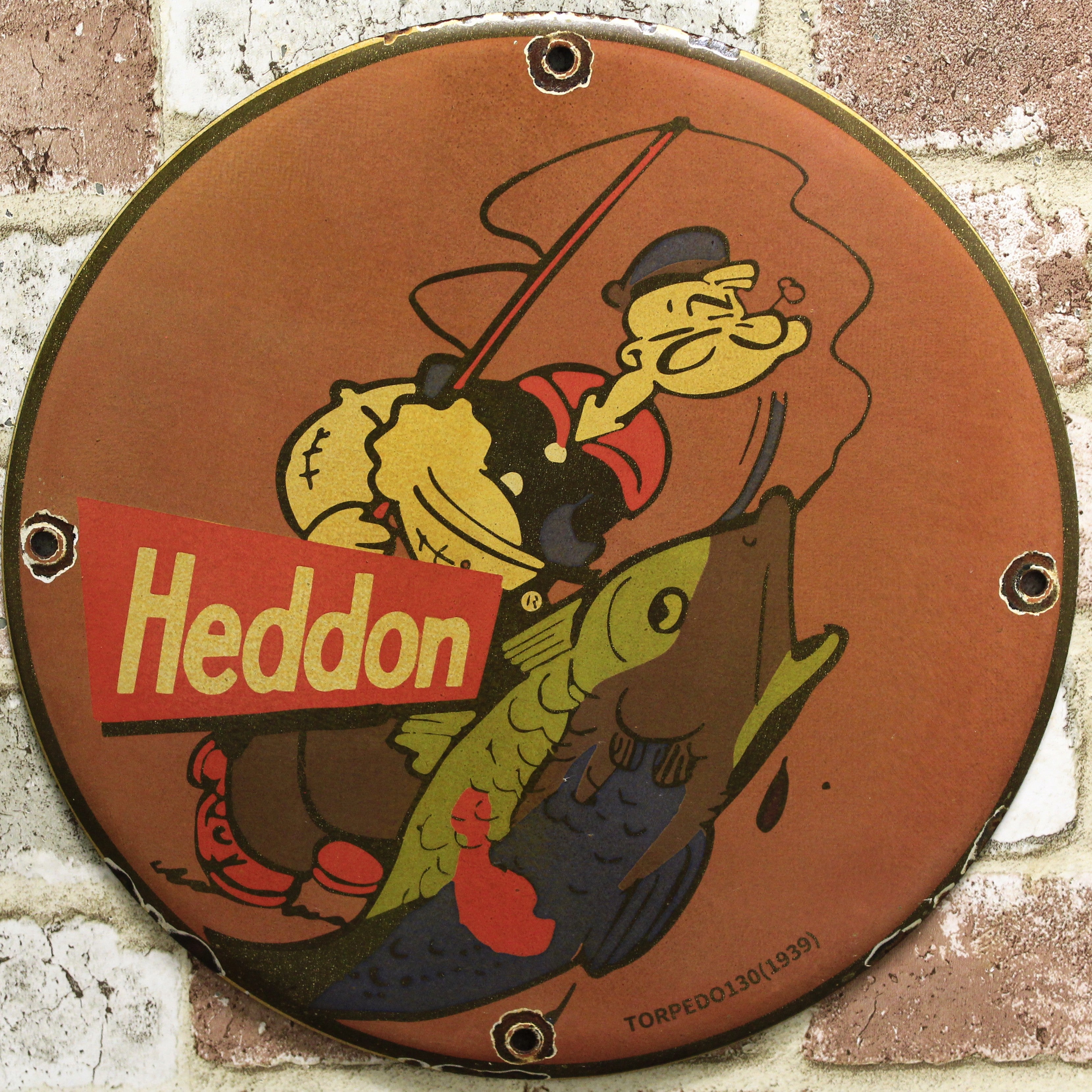 Heddon Fishing Popeye Vintage Porcelain Enamel Sign (12in)