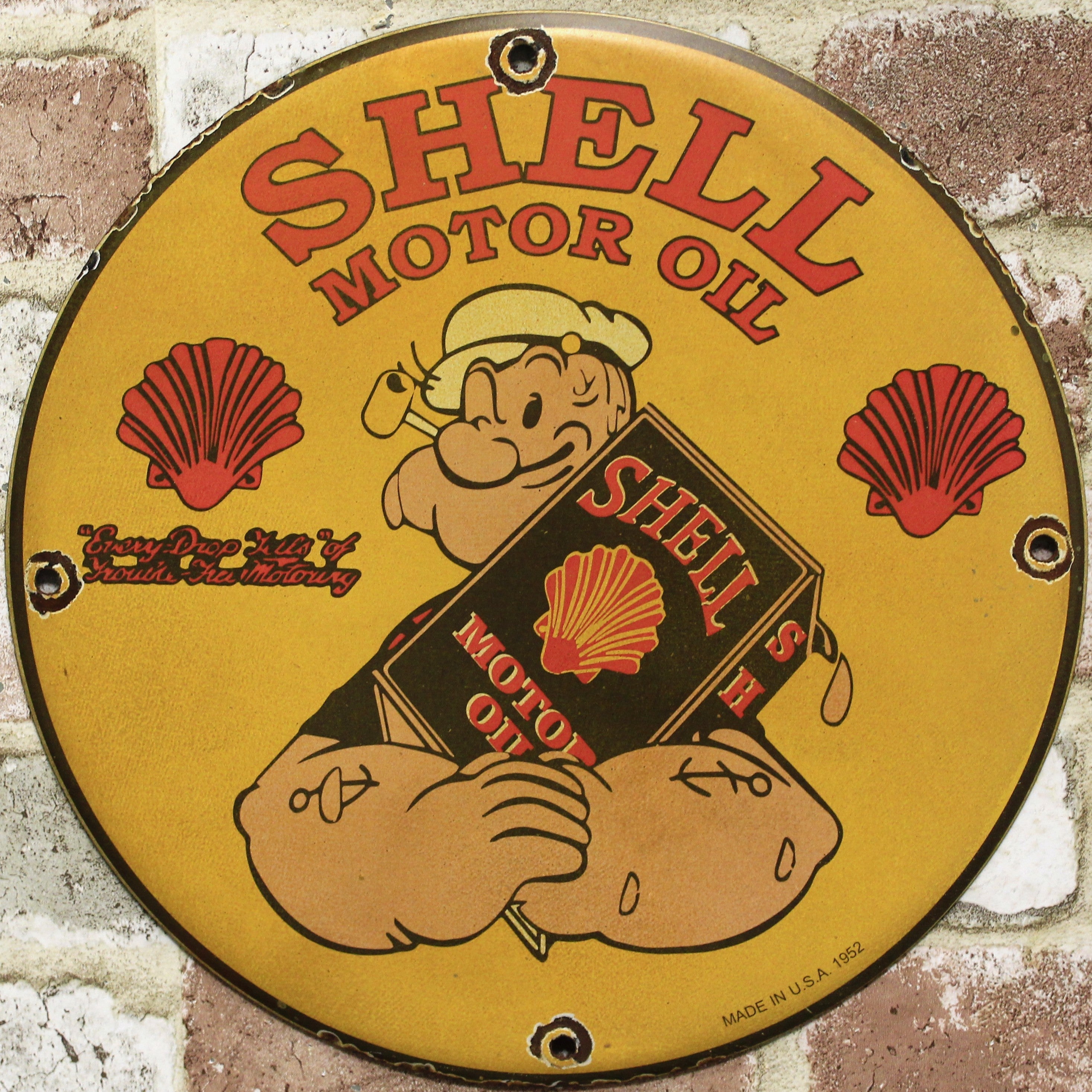 Shell Motor Oil with Popeye Vintage Porcelain Enamel Sign (12in)