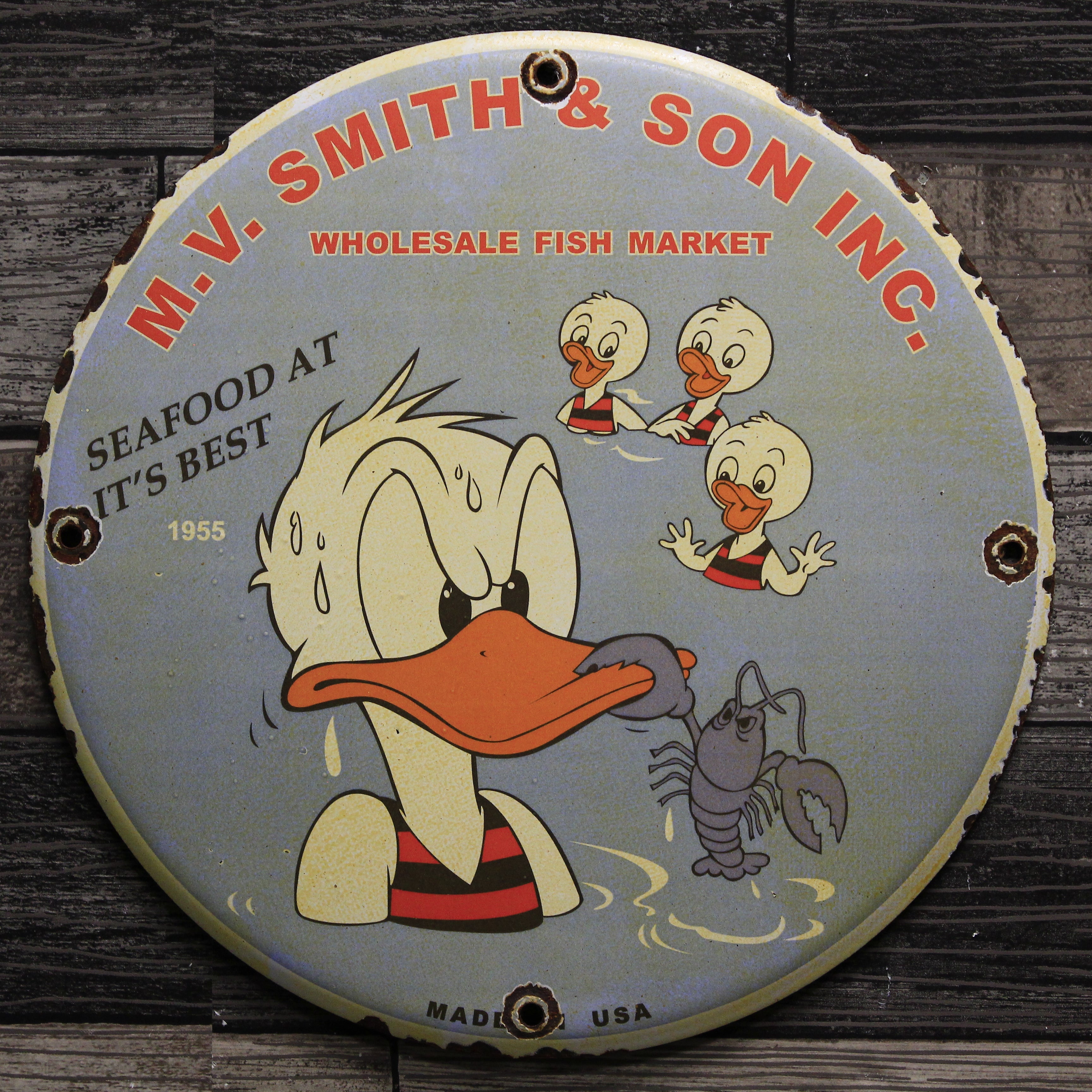 Donald Duck Vintage 1955 Fish Market Porcelain Enamel Sign (12in)