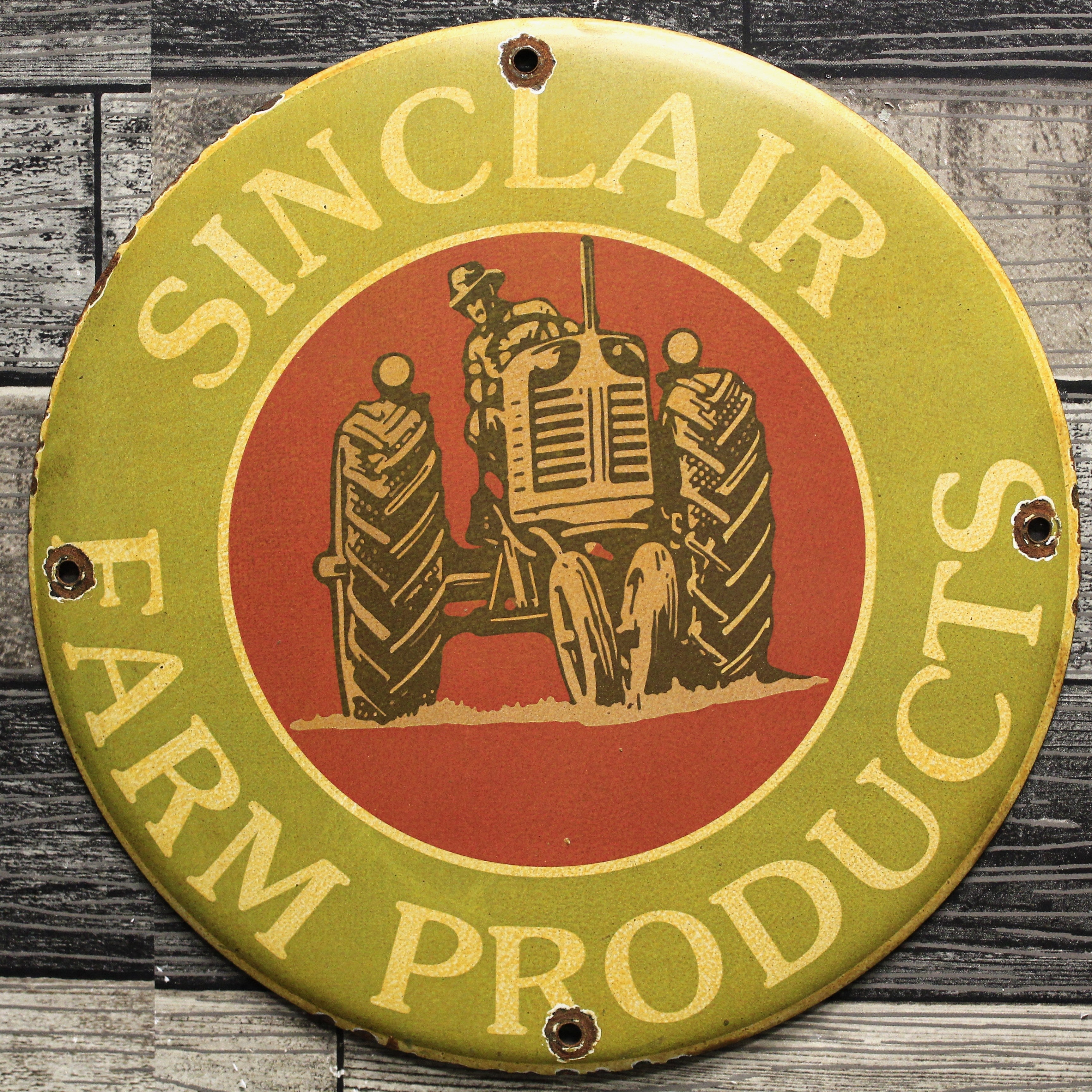 Sinclair Farm Products Tractor Vintage Porcelain Enamel Sign (12in)