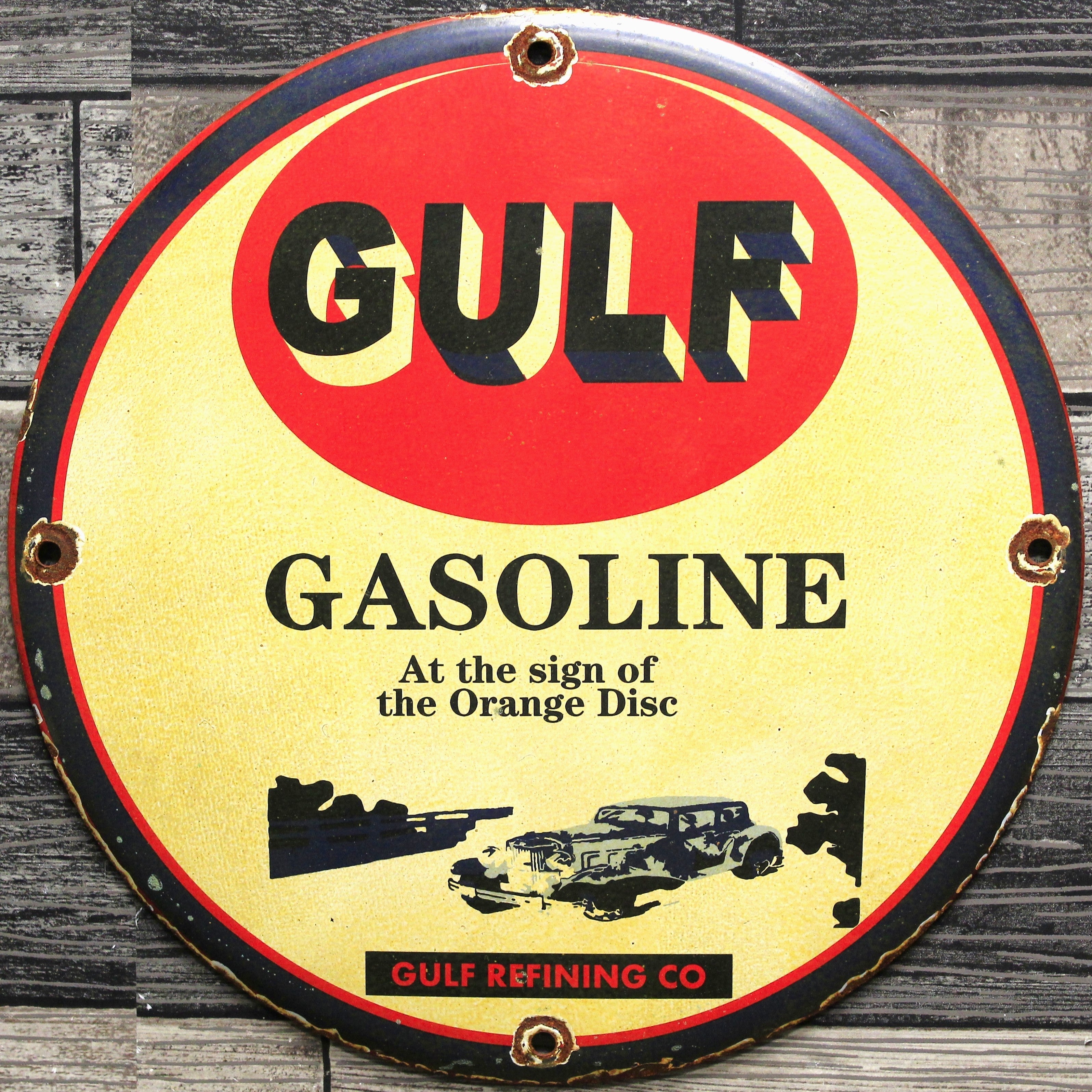GULF Gasoline Refining Co. Vintage Porcelain Enamel Sign (12in)