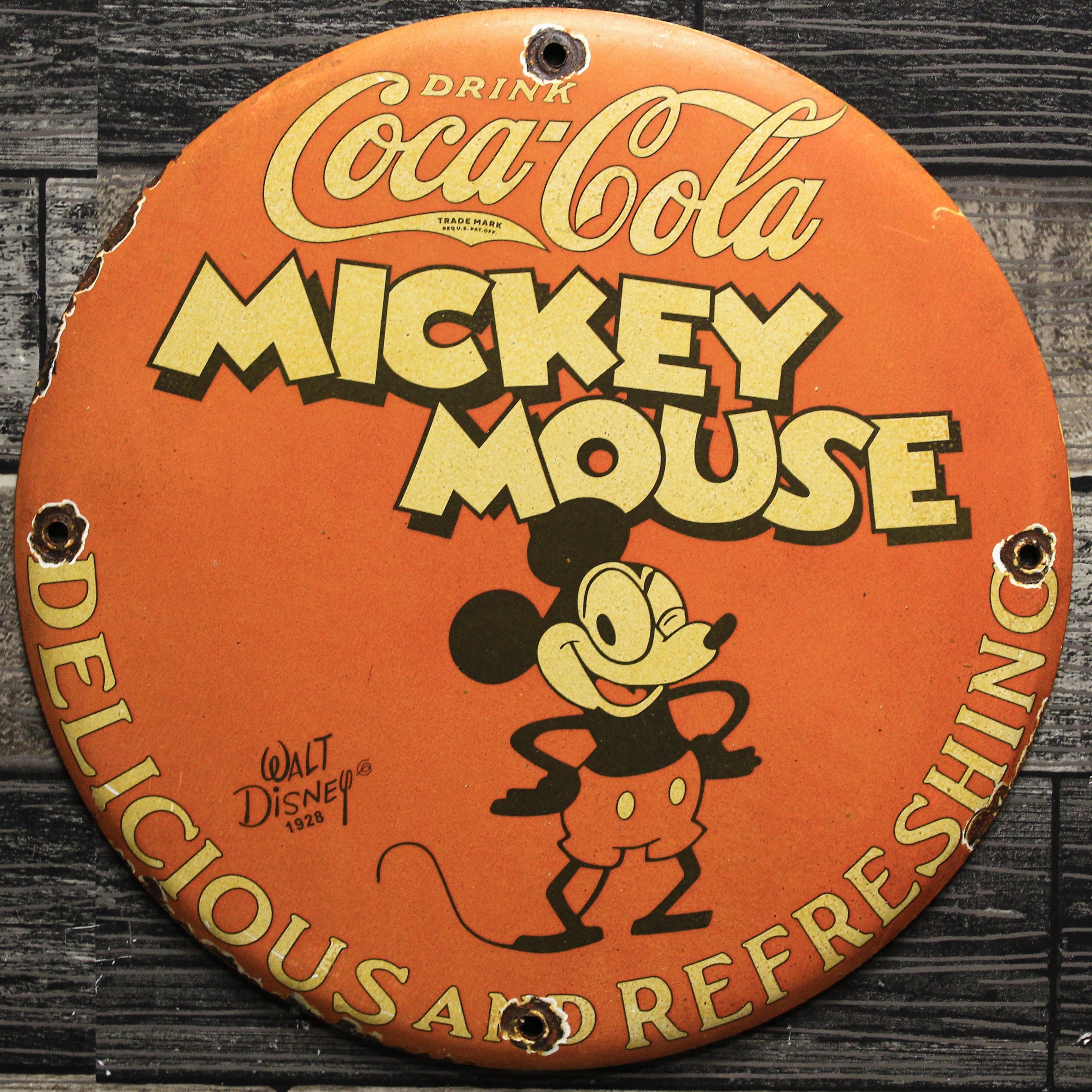 Coca-Cola with Mickey Mouse Old Coke Porcelain Enamel Sign (12in)
