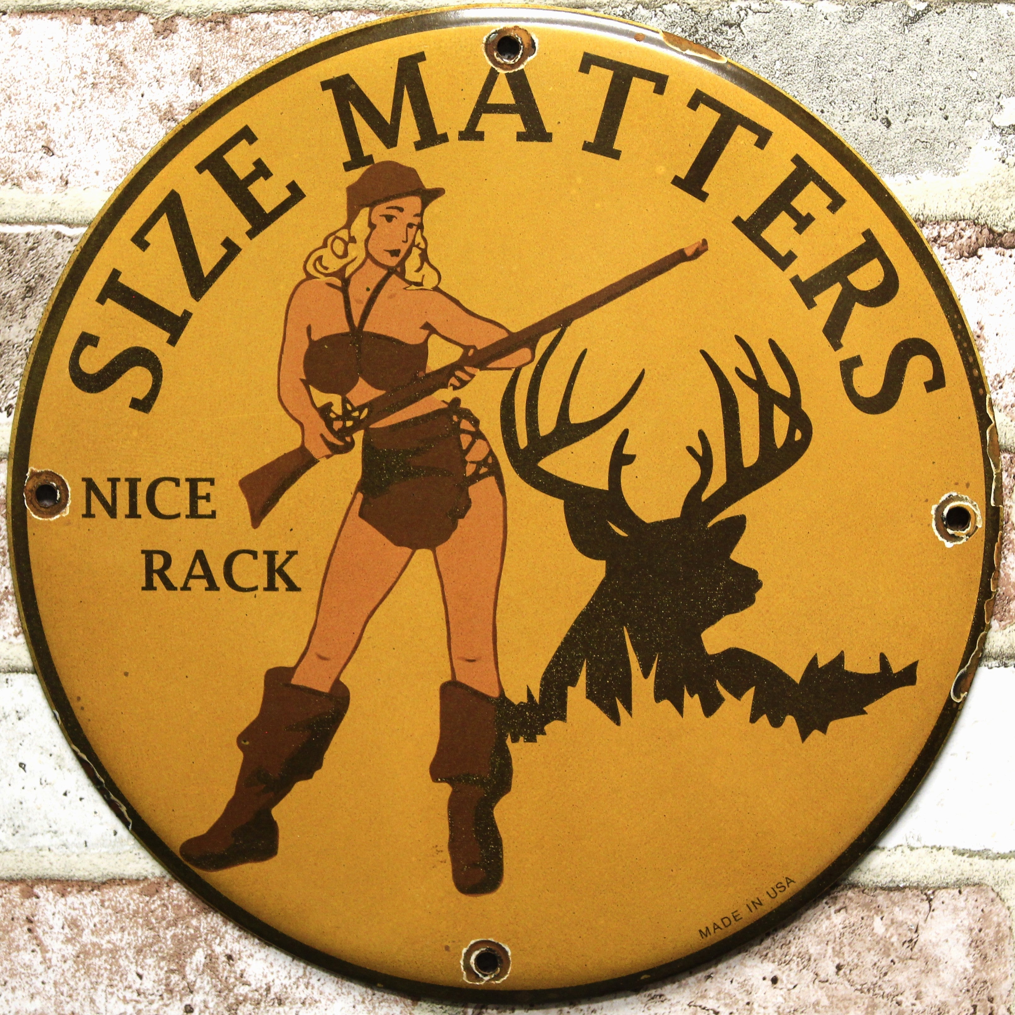 Size Matters Nice Rack Porcelain Enamel Sign (12in)