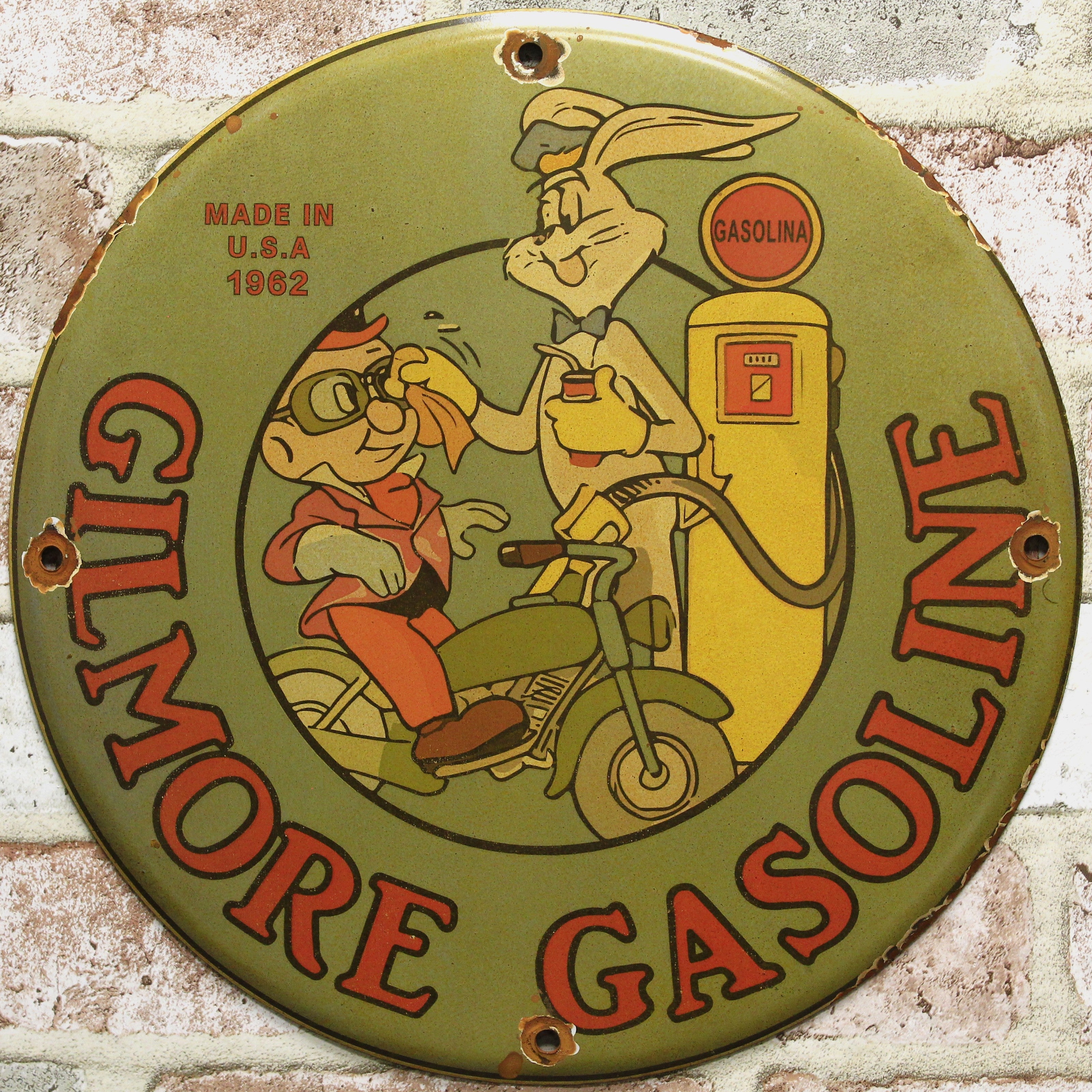 Gilmore Gasoline Bugs Bunny & Elmer Fudd Porcelain Enamel Sign (12in)