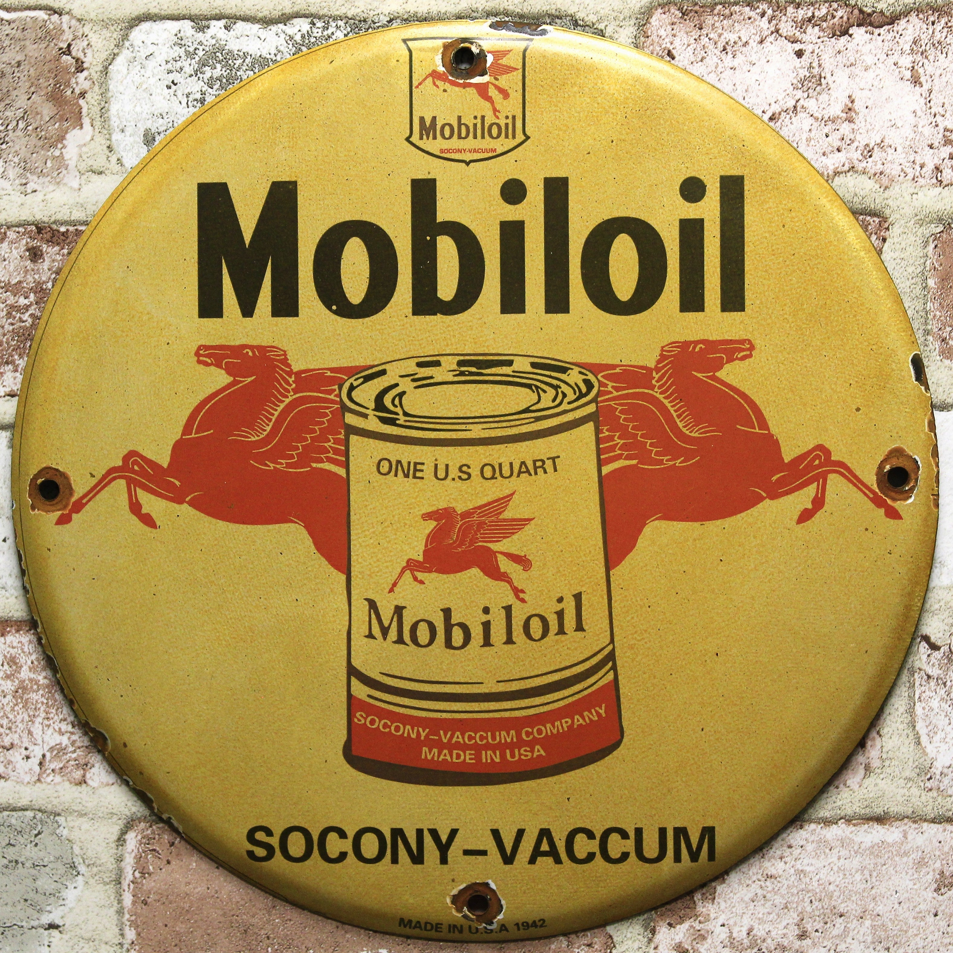 Mobiloil Socony Dual Pegasus Porcelain Enamel Sign (12in)