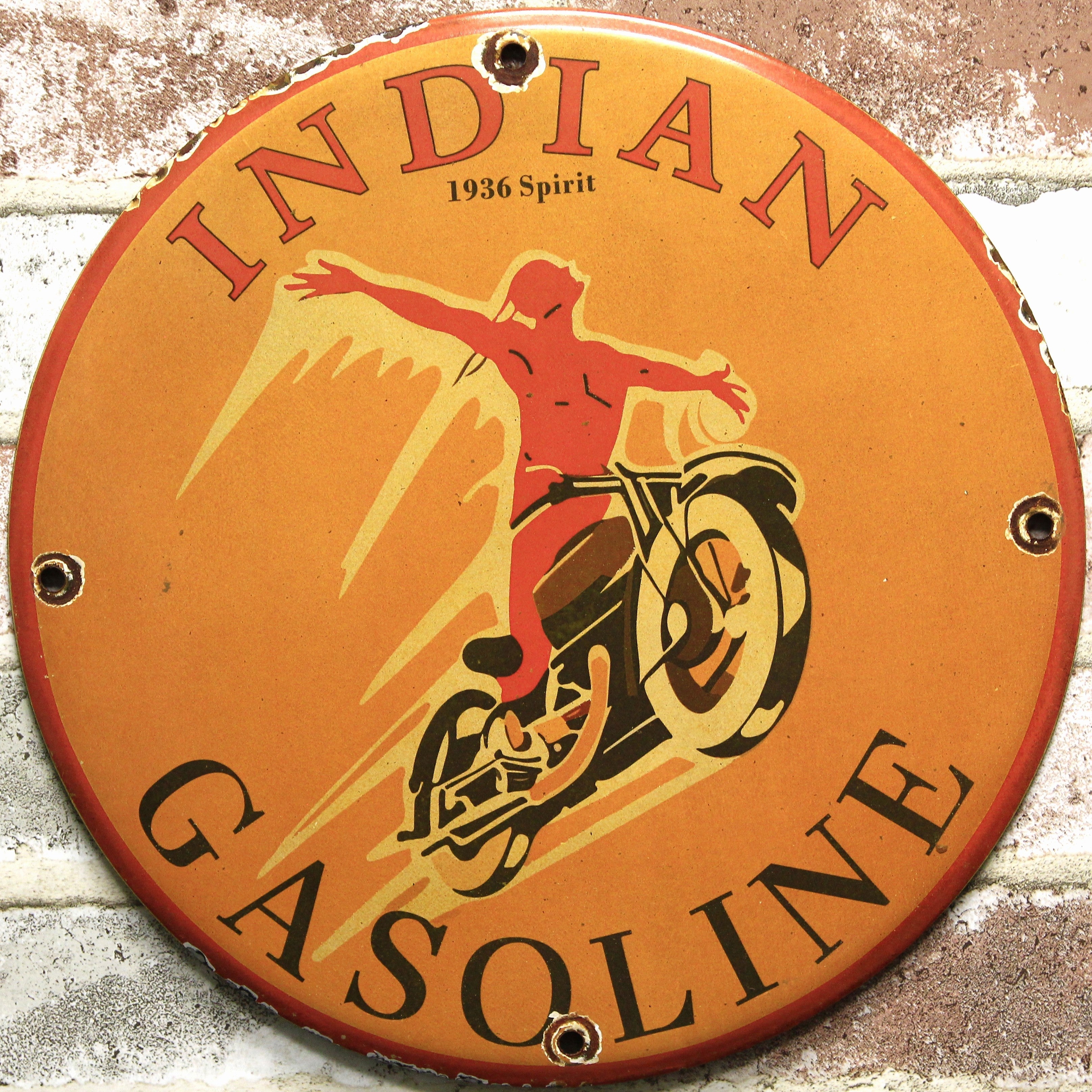 Indian Gasoline 1936 Spirit Porcelain Enamel Sign (12in)