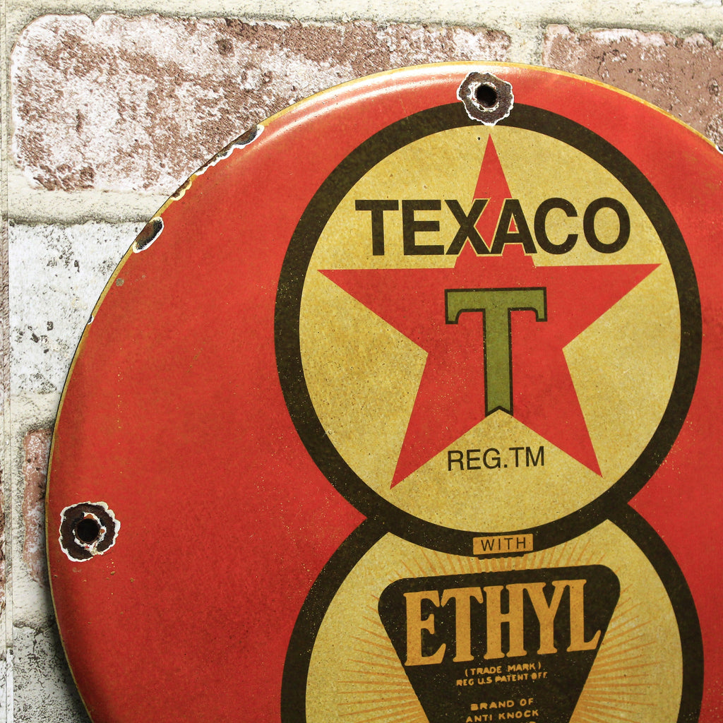 Texaco with Ethyl Gasoline Porcelain Enamel Sign (12in)