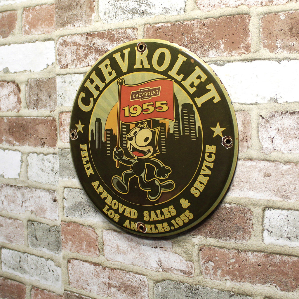 Felix the Cat Approved 1955 Chevrolet Service Porcelain Enamel Sign (12in)