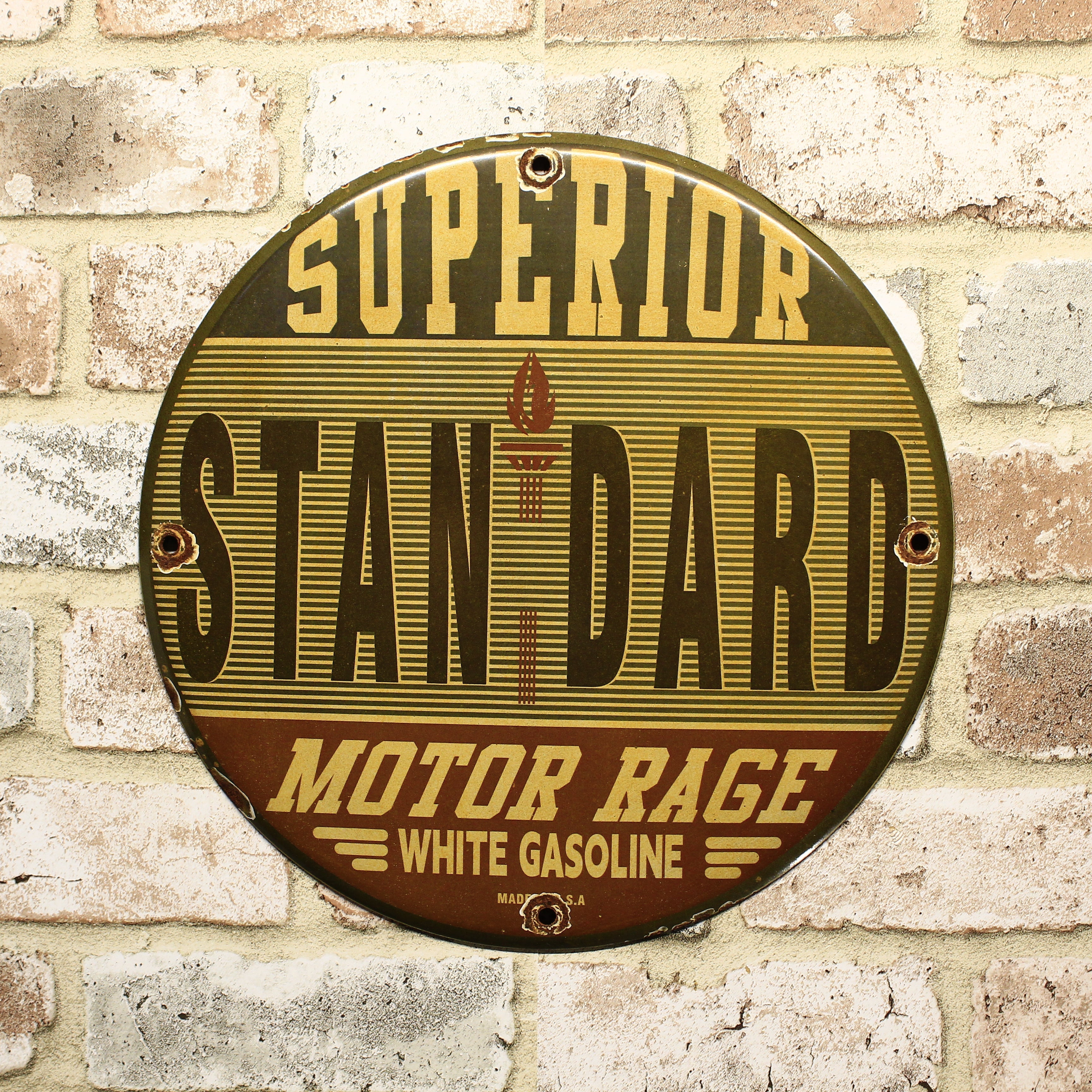 Superior Standard Motor Rage White Gasoline Porcelain Enamel Sign (12in)