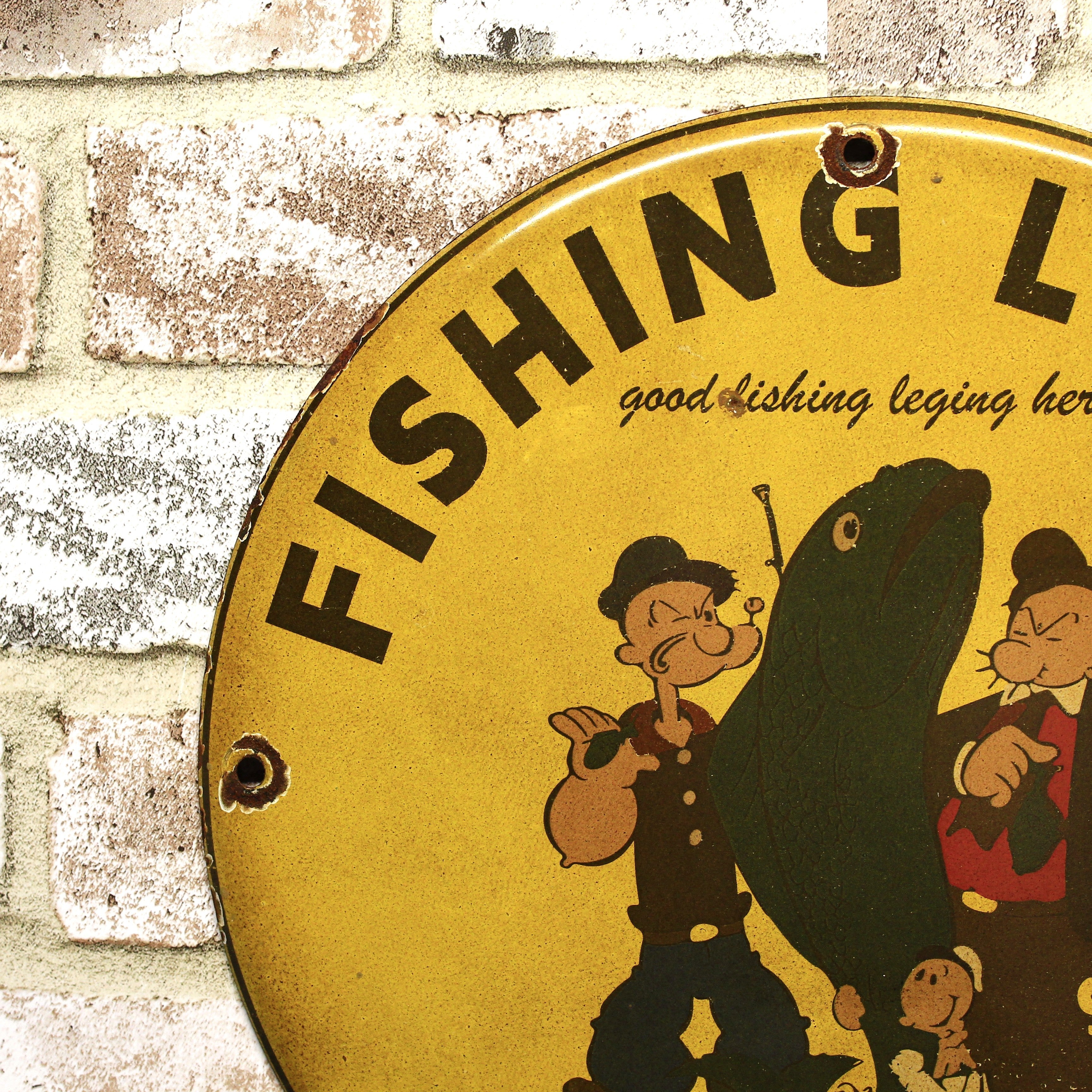 Fishing Lures Paw Paw Bait Co with Popeye Porcelain Enamel Sign (12in)
