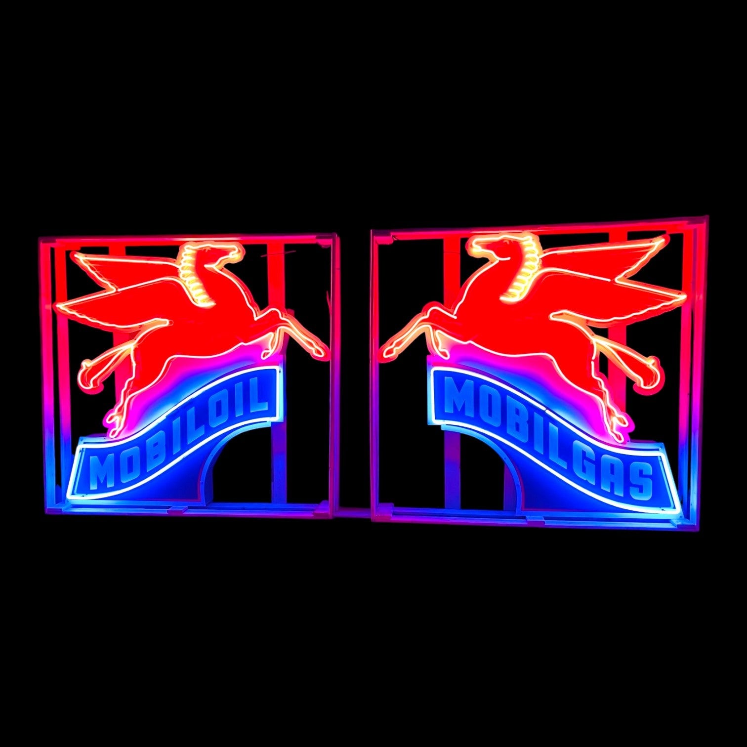 Pair of Mobilgas & Mobiloil Neon Porcelain Pegasus Script - Left and Right Set of 2