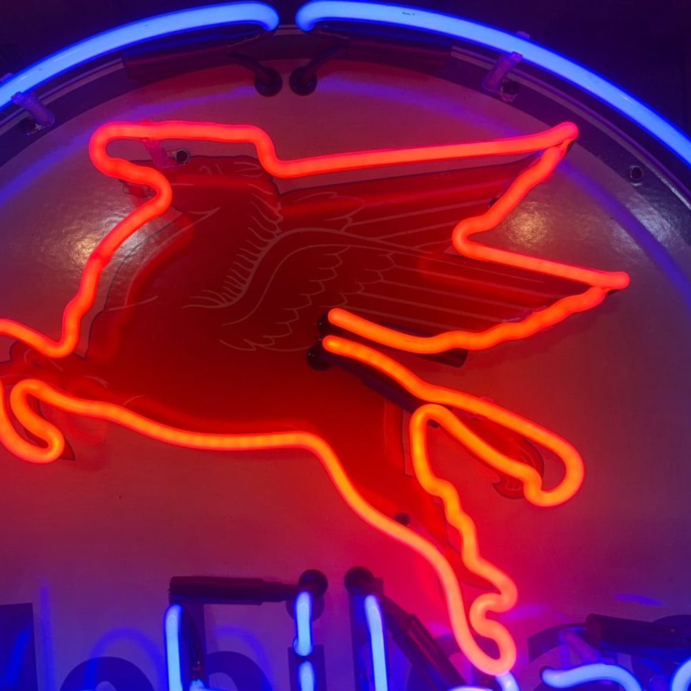 Real Glass Neon Porcelain Can - Vintage Mobilgas Ethyl Flying Winged Horse Pegasus - Old Light Up Gas Station Advertising Reproduction