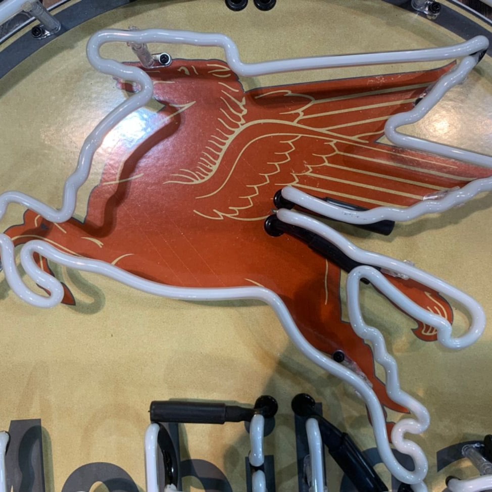 Real Glass Neon Porcelain Can - Vintage Mobilgas Ethyl Flying Winged Horse Pegasus - Old Light Up Gas Station Advertising Reproduction