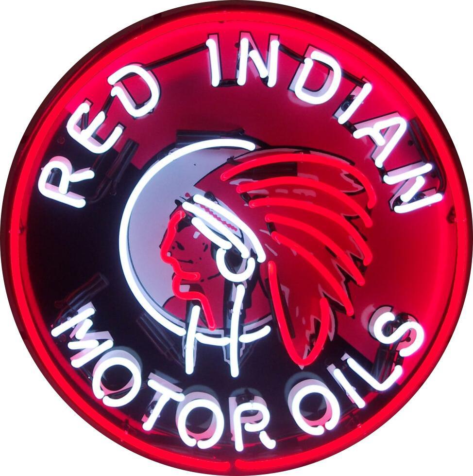 Red Indian Motor Oils Single-Sided Neon Porcelain Box Sign