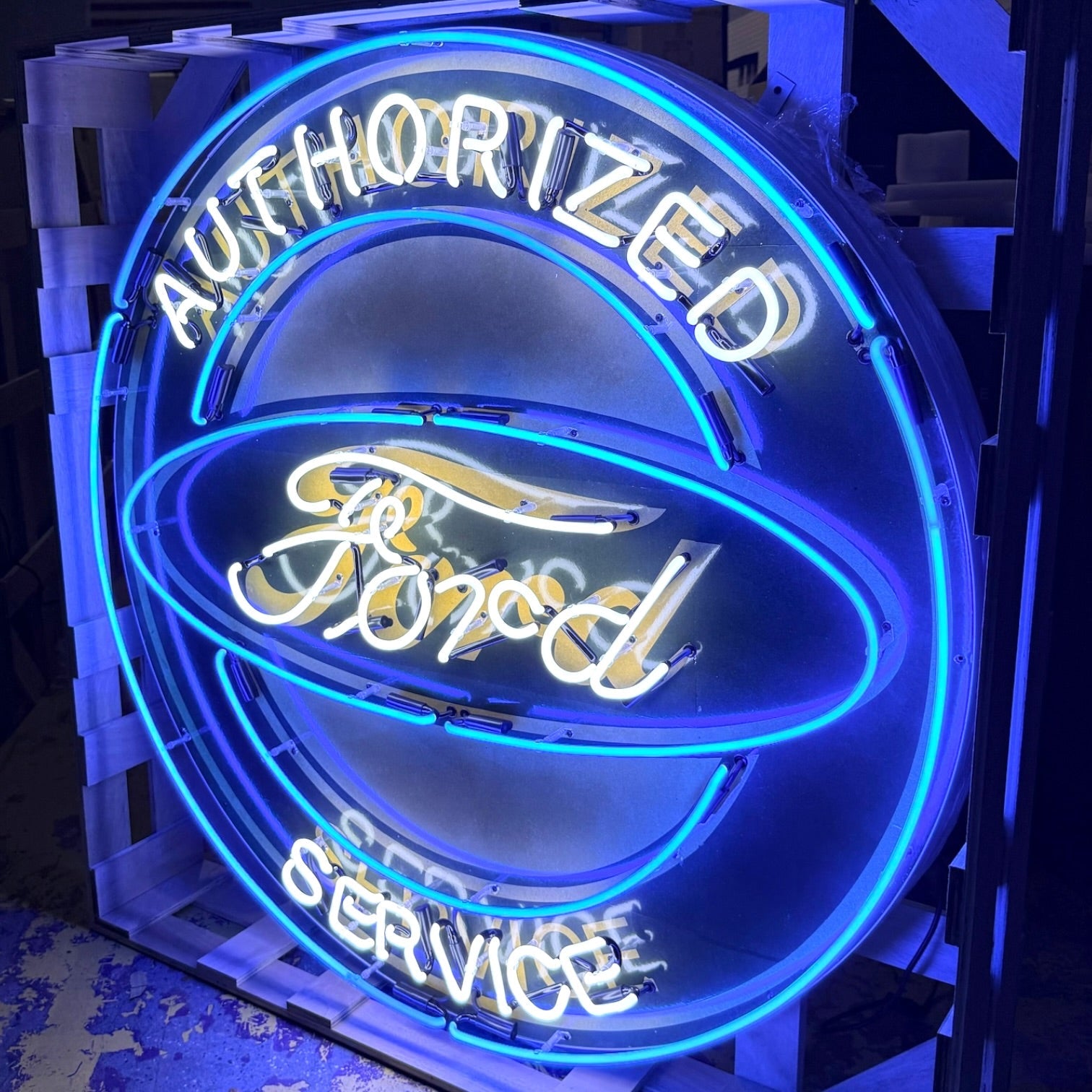 Ford Authorized Service Single-Sided Neon Porcelain Box Sign