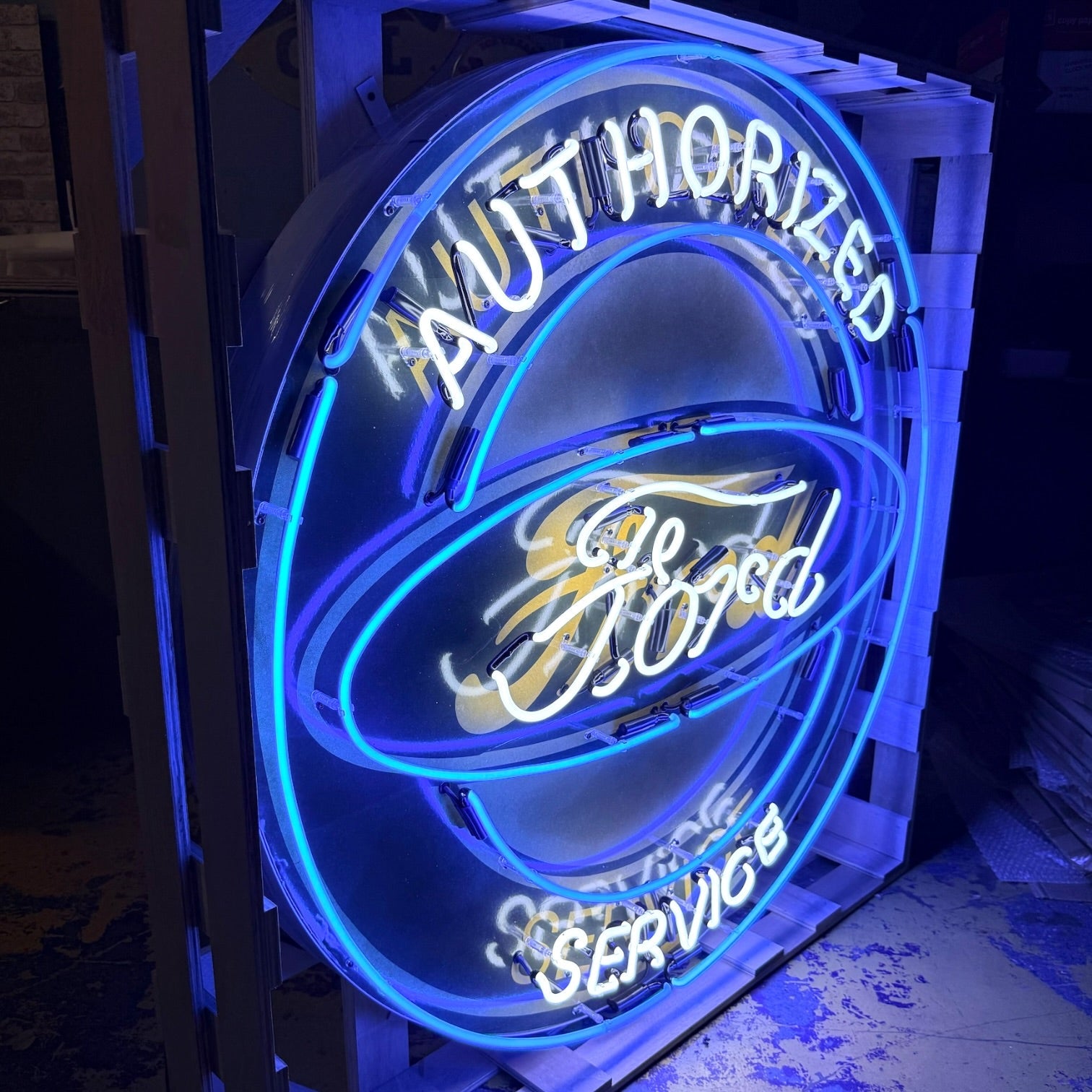 Ford Authorized Service Single-Sided Neon Porcelain Box Sign