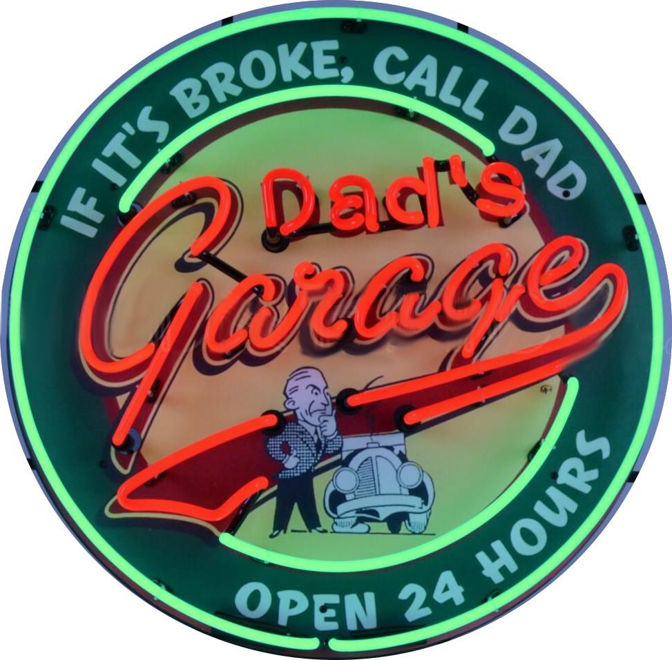Dad's Garage Open 24 Hours Single-Sided Neon Porcelain Box Sign