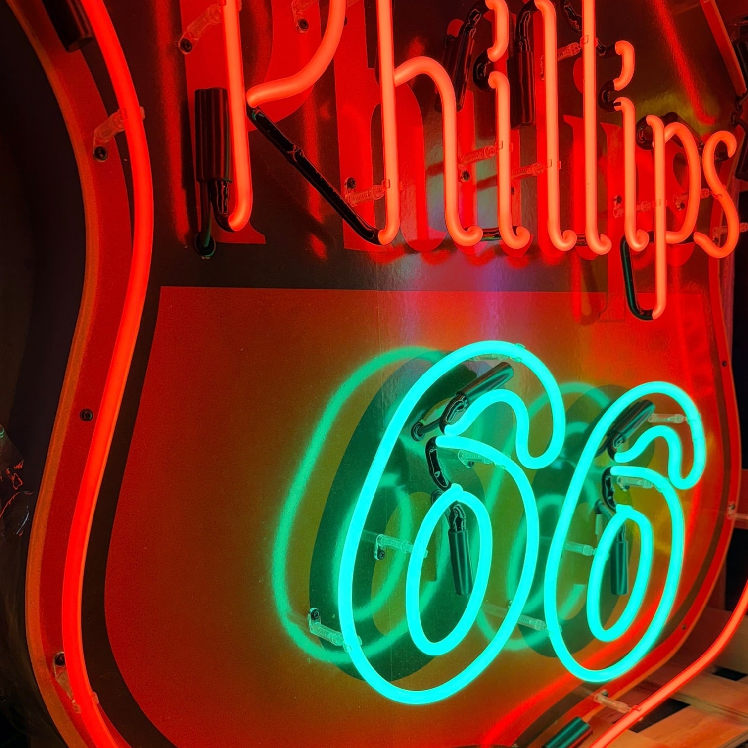 Phillips 66 U.S. Route Neon Porcelain Die Cut Shield Sign with Can