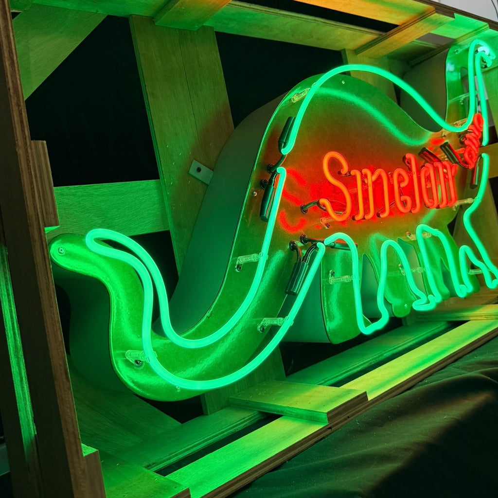 Vintage Sinclair Dino Real Neon Sign - Large Silhouette, Glass, Porcelain, Die Cut Steel Can