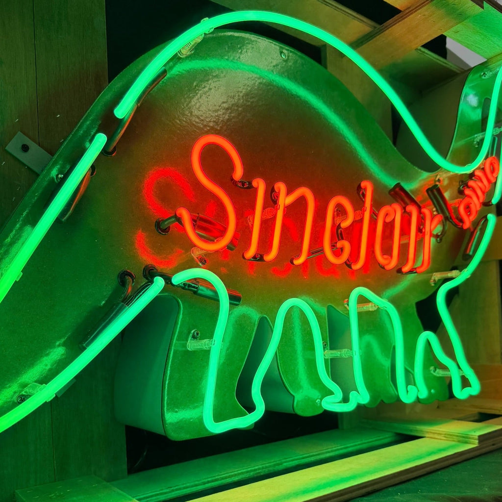 Vintage Sinclair Dino Real Neon Sign - Large Silhouette, Glass, Porcelain, Die Cut Steel Can