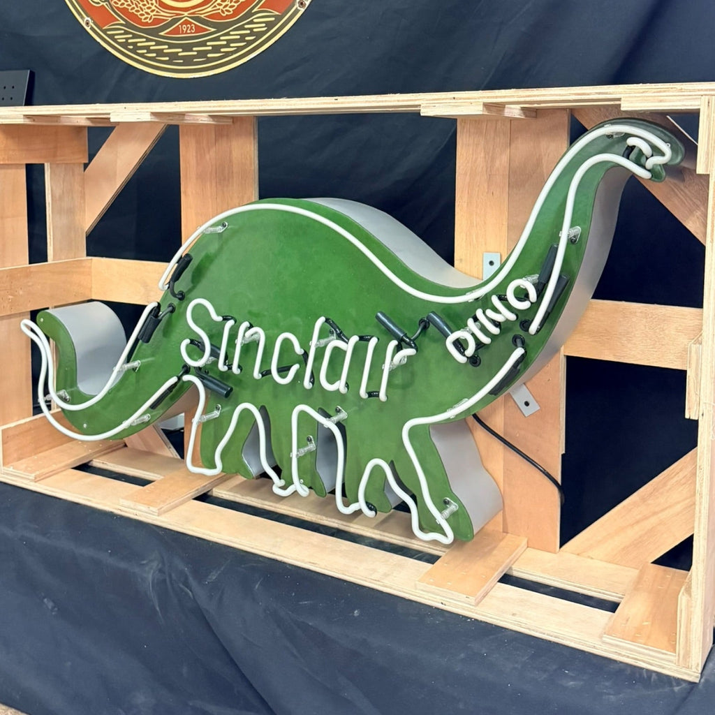 Vintage Sinclair Dino Real Neon Sign - Large Silhouette, Glass, Porcelain, Die Cut Steel Can