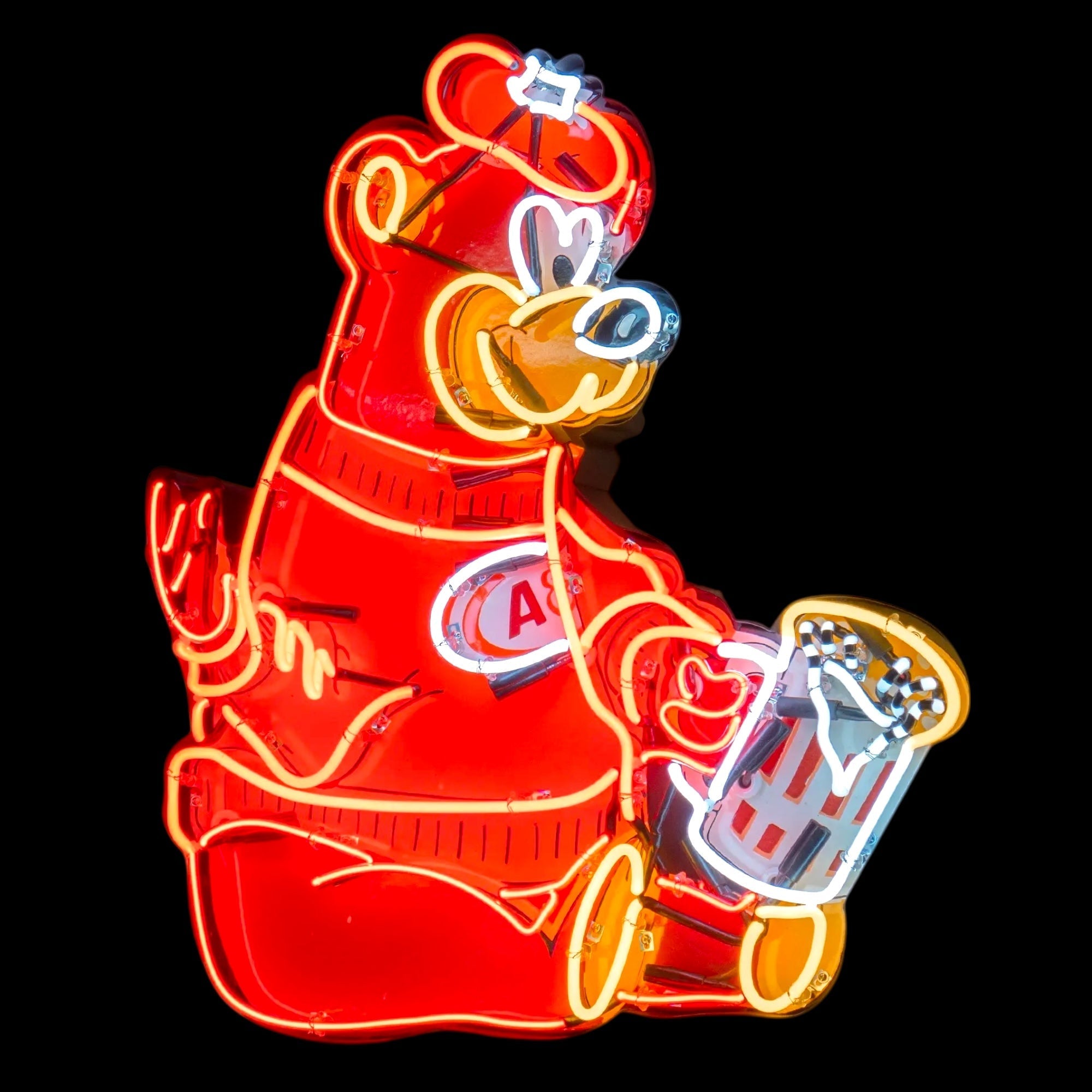 A&W Rooty the Great Root Beer Bear - Large Die Cut Neon Porcelain Sign with Can Vintage Advertising
