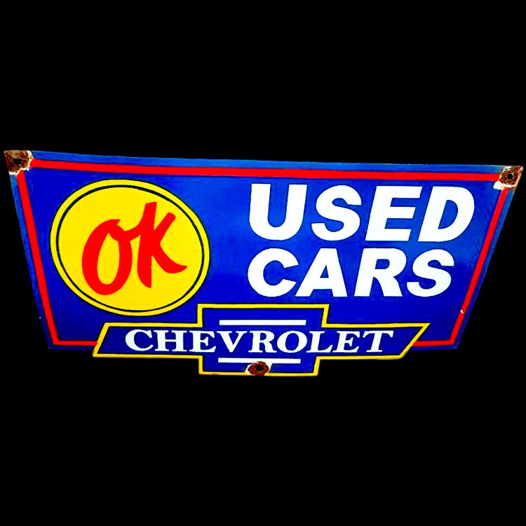 OK Used Cars Chevy Large Die Cut Porcelain Vintage Metal Sign