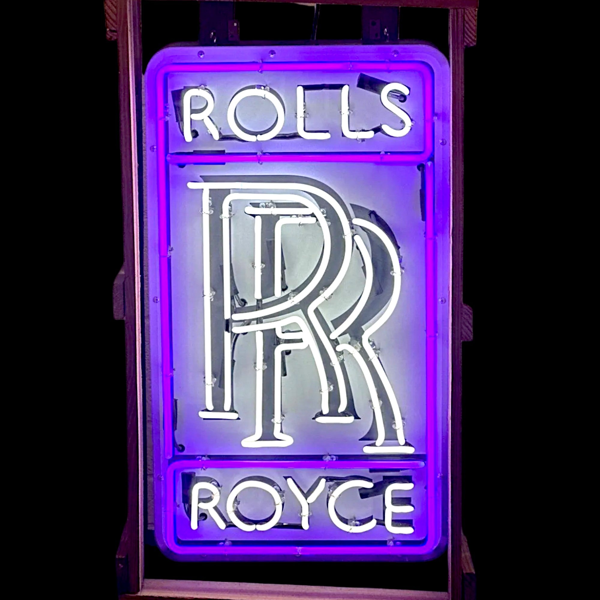 Rolls Royce Real Neon Sign - Purple/White, Bent Glass, Porcelain with Can - Vintage Automotive Advertising