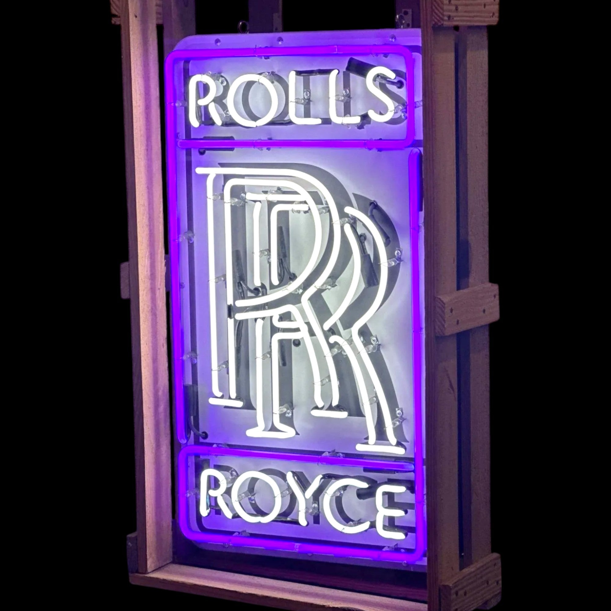 Rolls Royce Real Neon Sign - Purple/White, Bent Glass, Porcelain with Can - Vintage Automotive Advertising