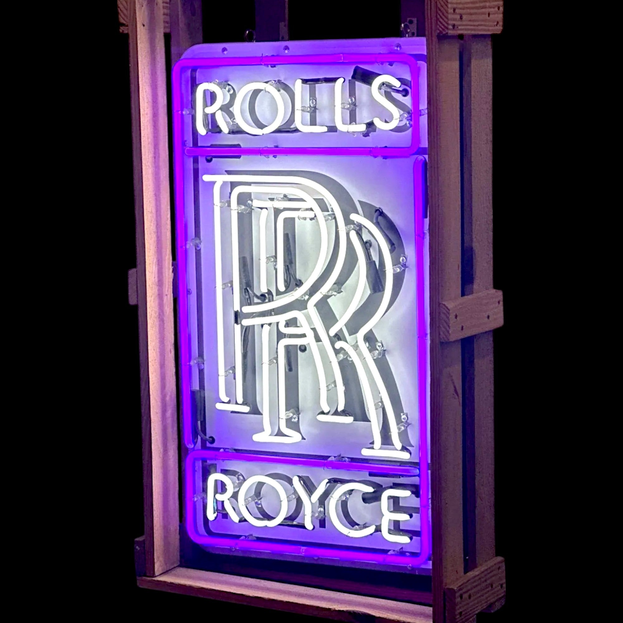 Rolls Royce Real Neon Sign - Purple/White, Bent Glass, Porcelain with Can - Vintage Automotive Advertising