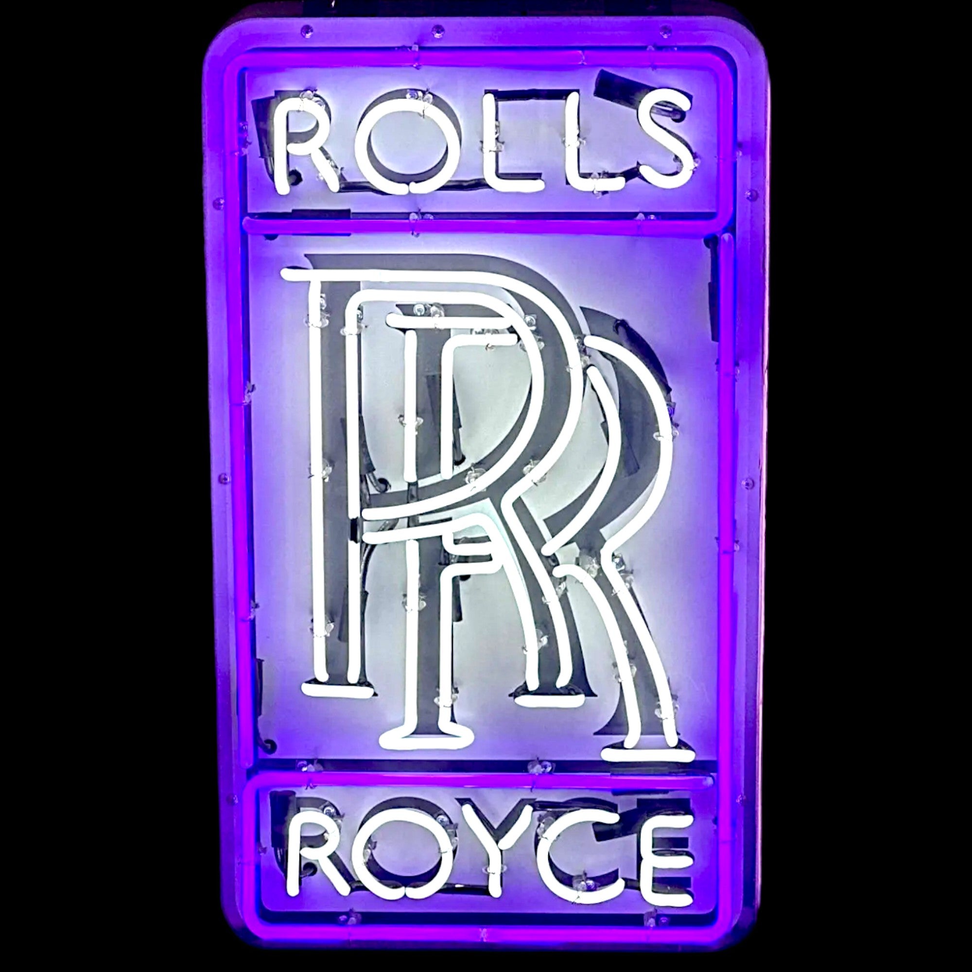 Rolls Royce Real Neon Sign - Purple/White, Bent Glass, Porcelain with Can - Vintage Automotive Advertising