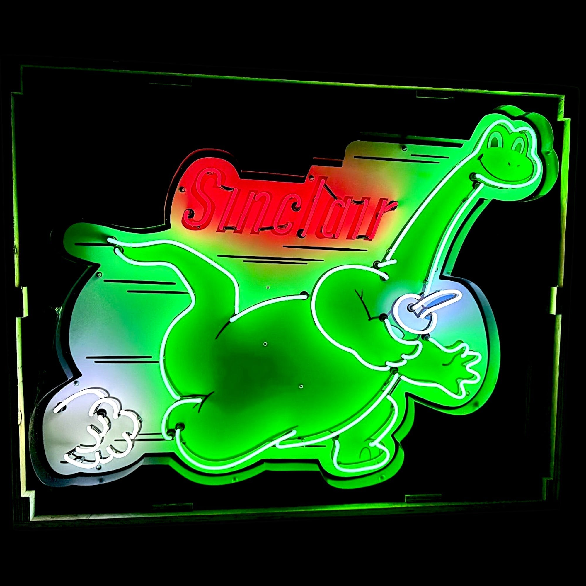 XL Sinclair Dino Neon Sign - Large Cut Out Vintage Gas Station Mascot - Die Cut, Glass, Porcelain, Steel Can - Real Light Up Dino Gas Station Advertising