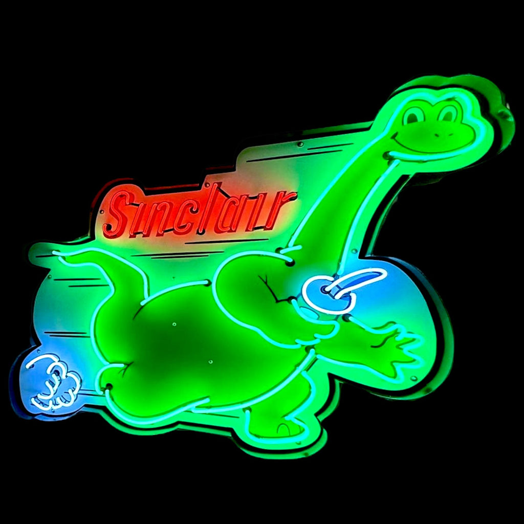 XL Sinclair Dino Neon Sign - Large Cut Out Vintage Gas Station Mascot - Die Cut, Glass, Porcelain, Steel Can - Real Light Up Dino Gas Station Advertising