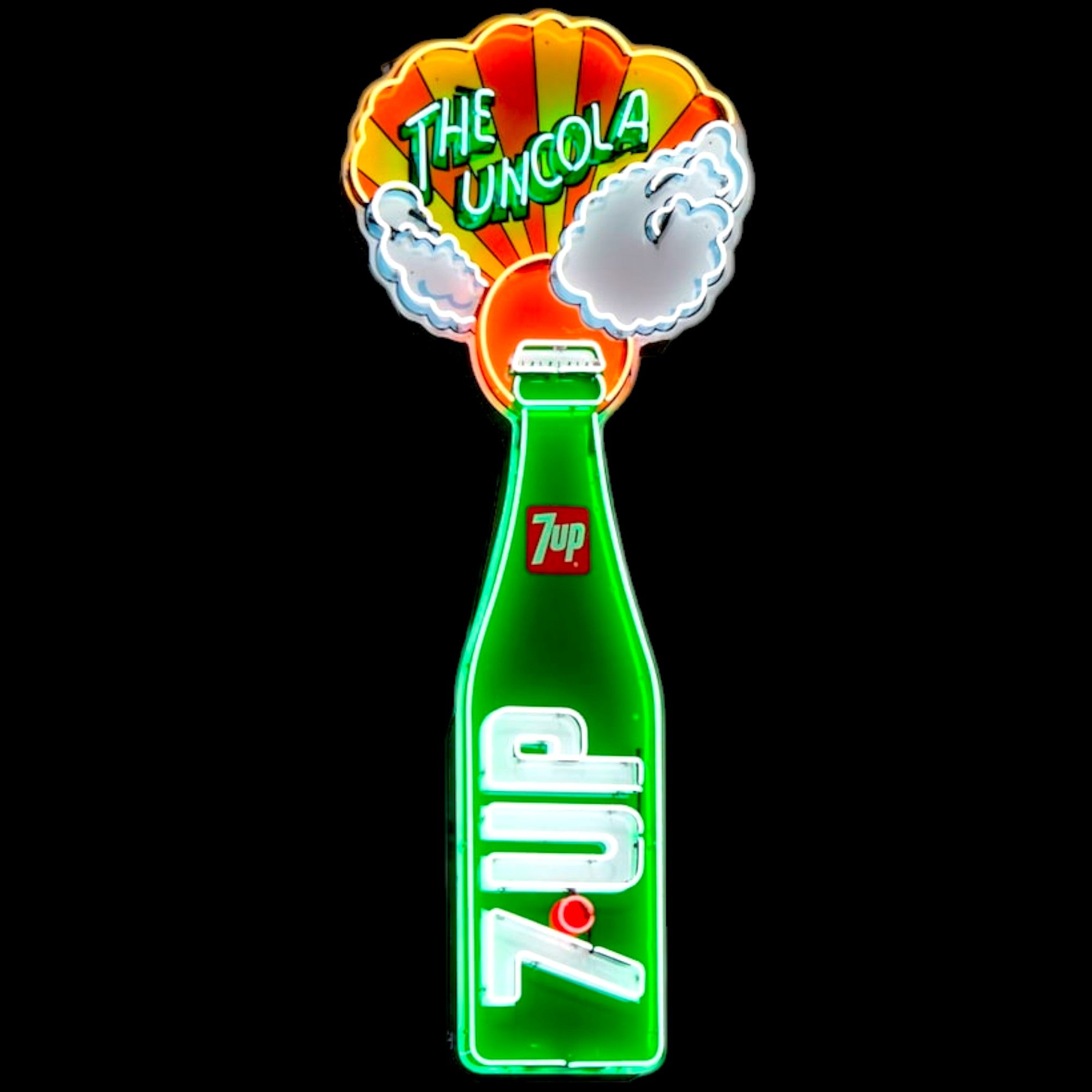7UP "The Uncola" Neon Porcelain Sign Die Cut Bottle with Can Vintage Soda Advertising