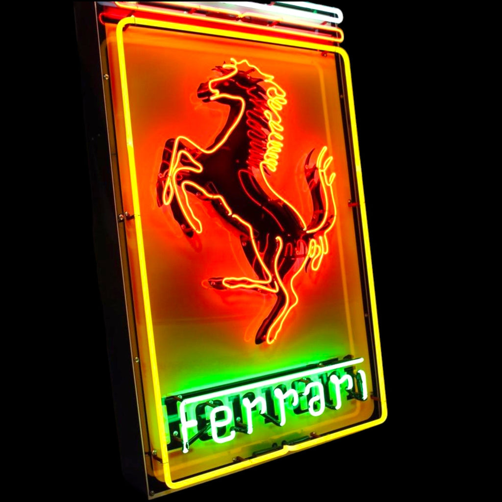Prancing Horse Ferrari Neon Porcelain Panel Dealer Display with Steel Can
