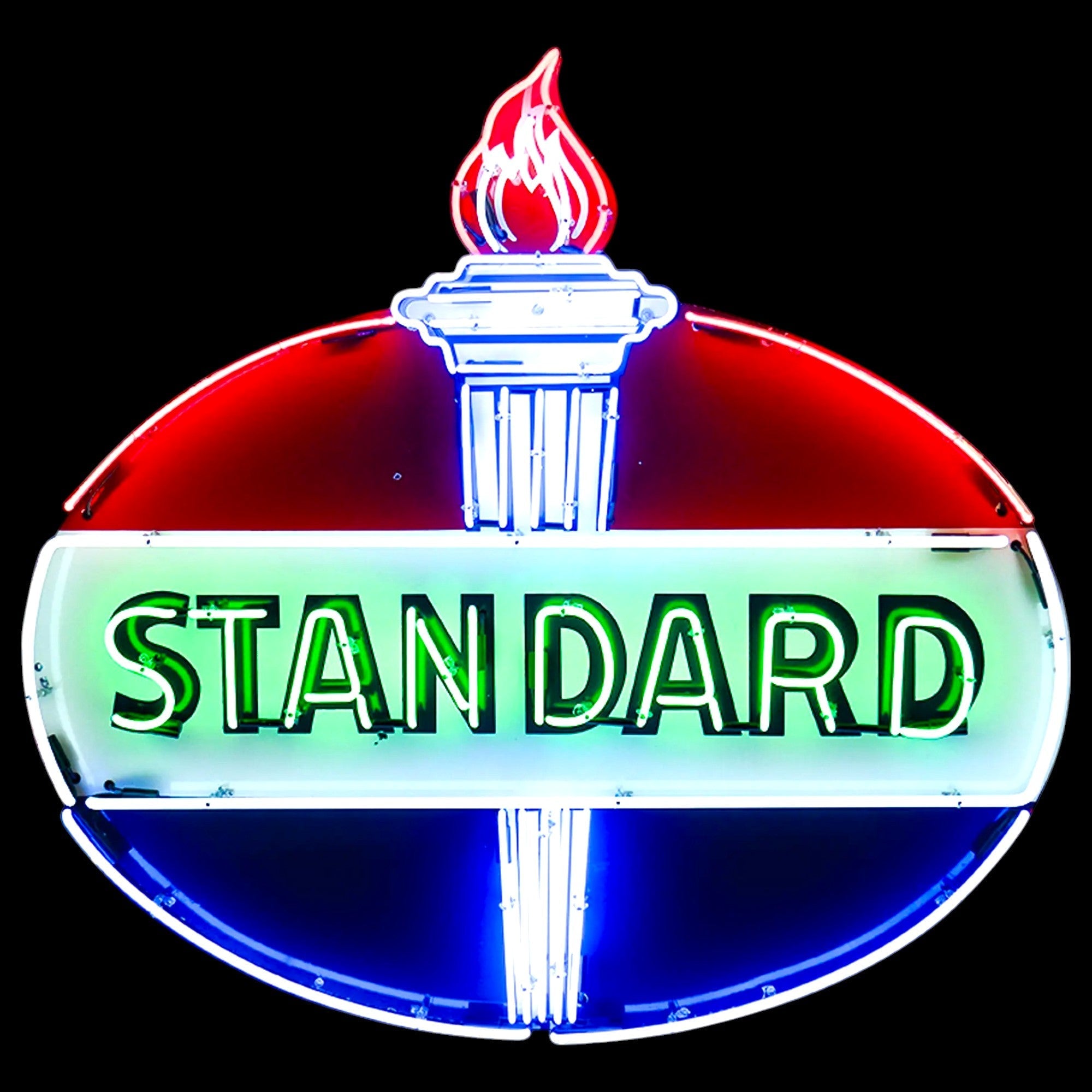 Standard Oil Neon Sign - Die Cut Torch Flame - Glass Neon Porcelain with Can - Vintage Gas Station Advertising
