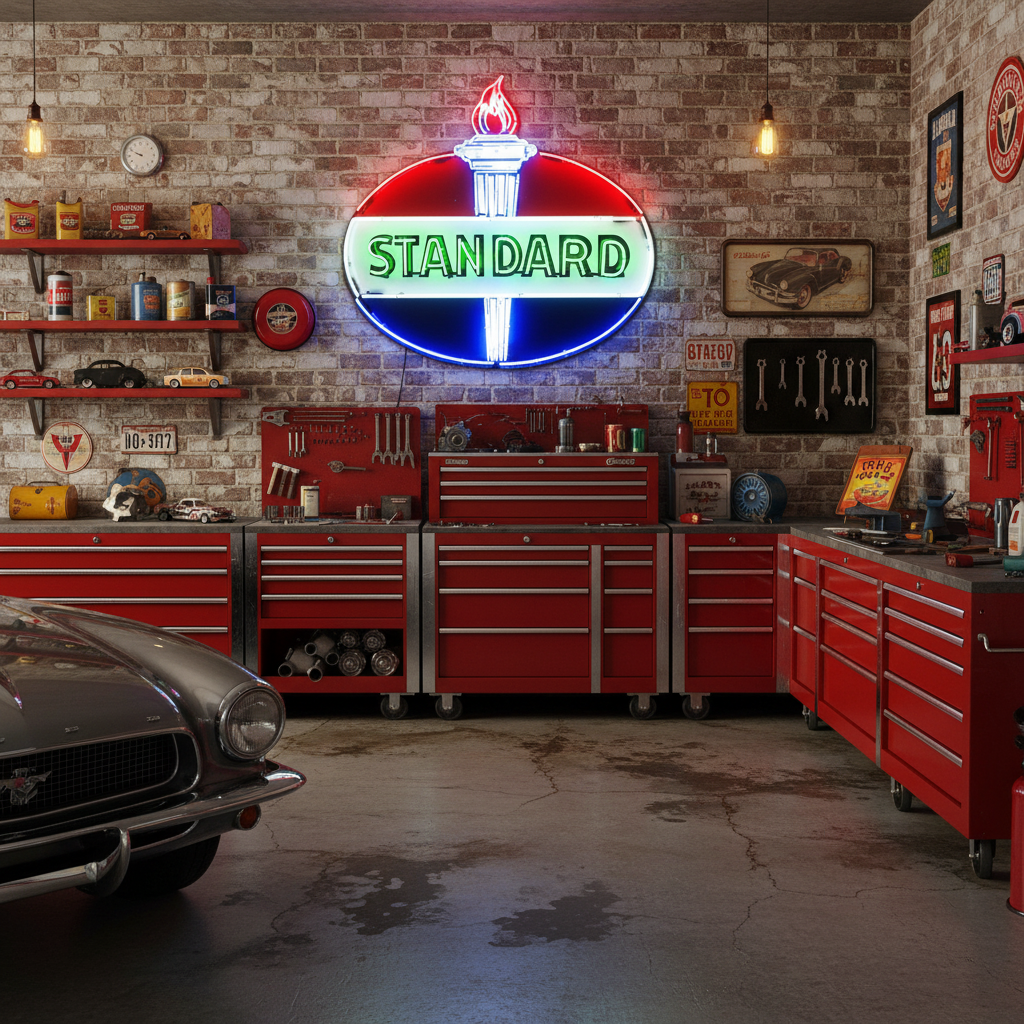 Standard Oil Neon Sign - Die Cut Torch Flame - Glass Neon Porcelain with Can - Vintage Gas Station Advertising
