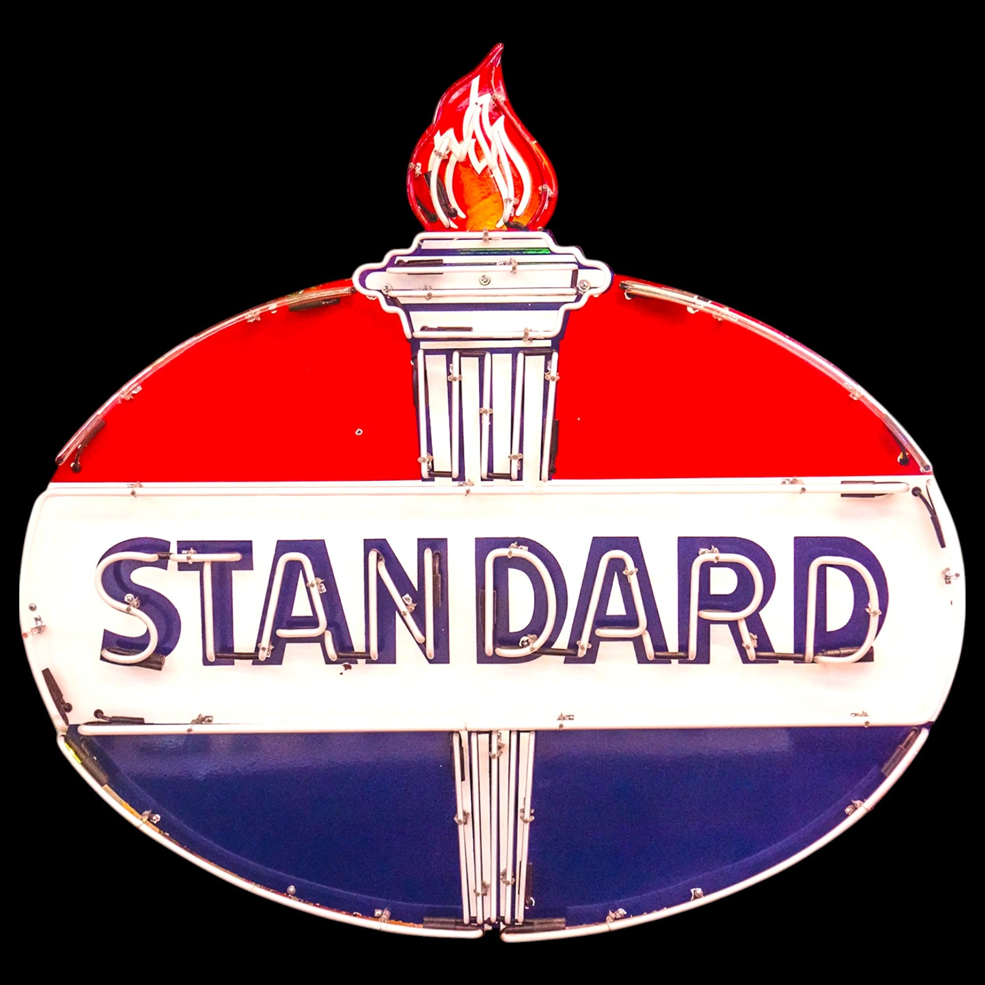 Standard Oil Neon Sign - Die Cut Torch Flame - Glass Neon Porcelain with Can - Vintage Gas Station Advertising